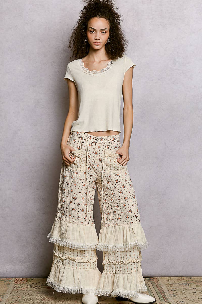 Round Neck Short Sleeve Lace Neckline Solid Rib Top