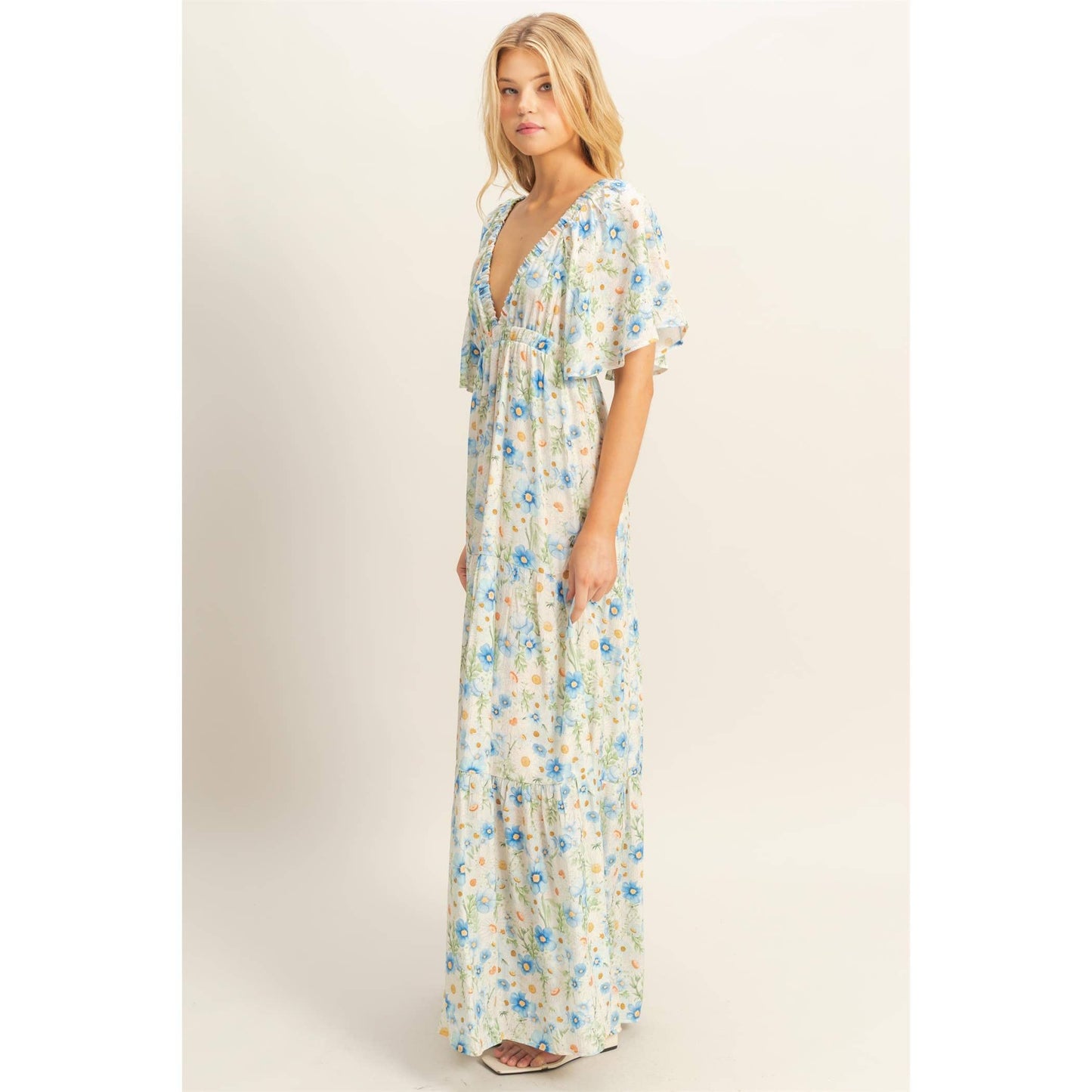 Floral V-Neck Flowy Tiered Maxi Dress