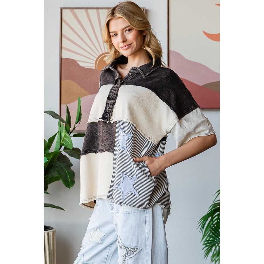 Washed Star Patchwork Collared Shirt