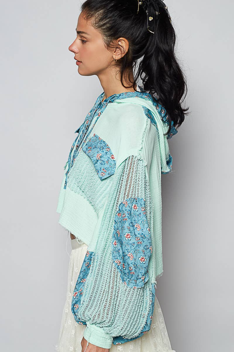 Mint Floral Balloon Sleeve Cropped Jacket