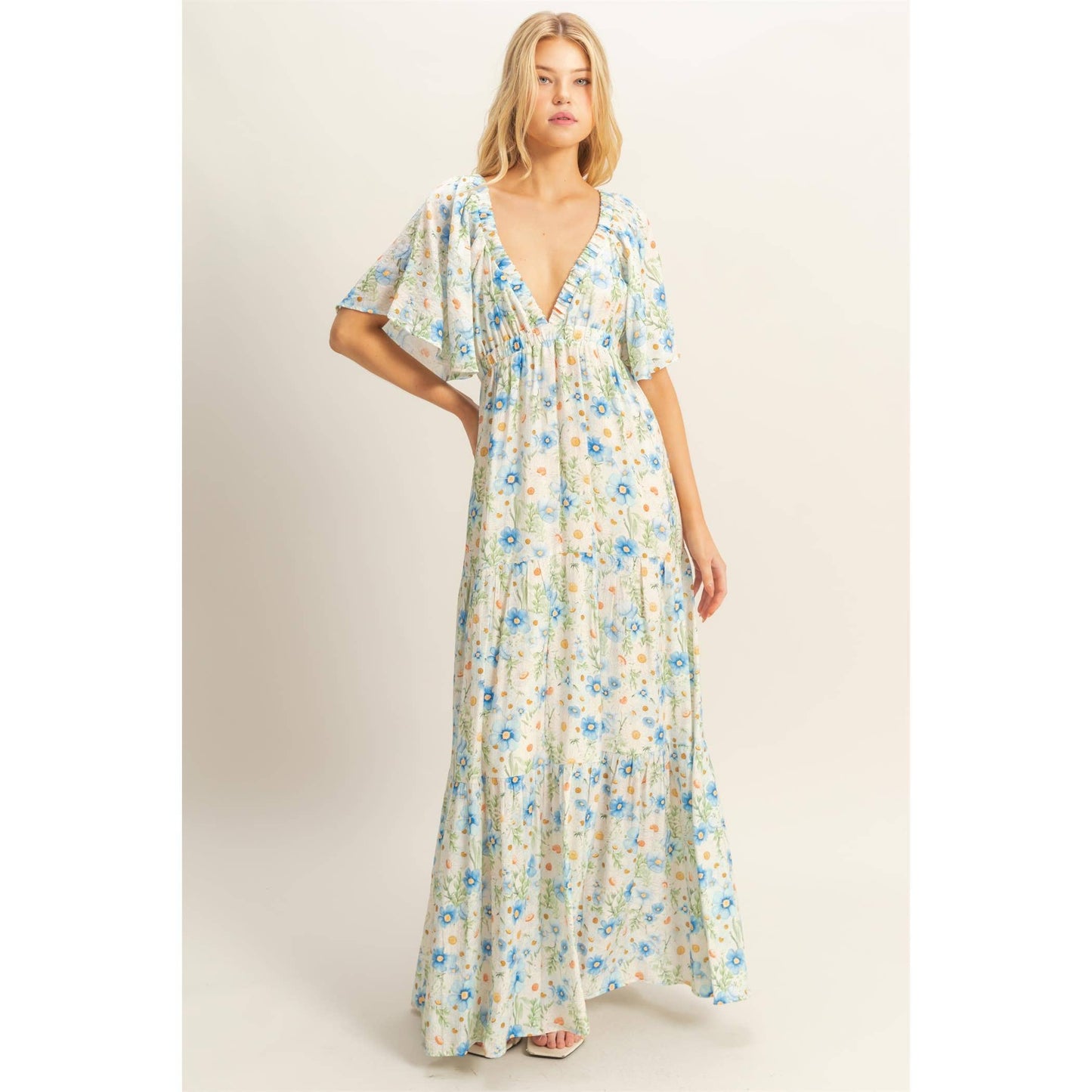 Floral V-Neck Flowy Tiered Maxi Dress