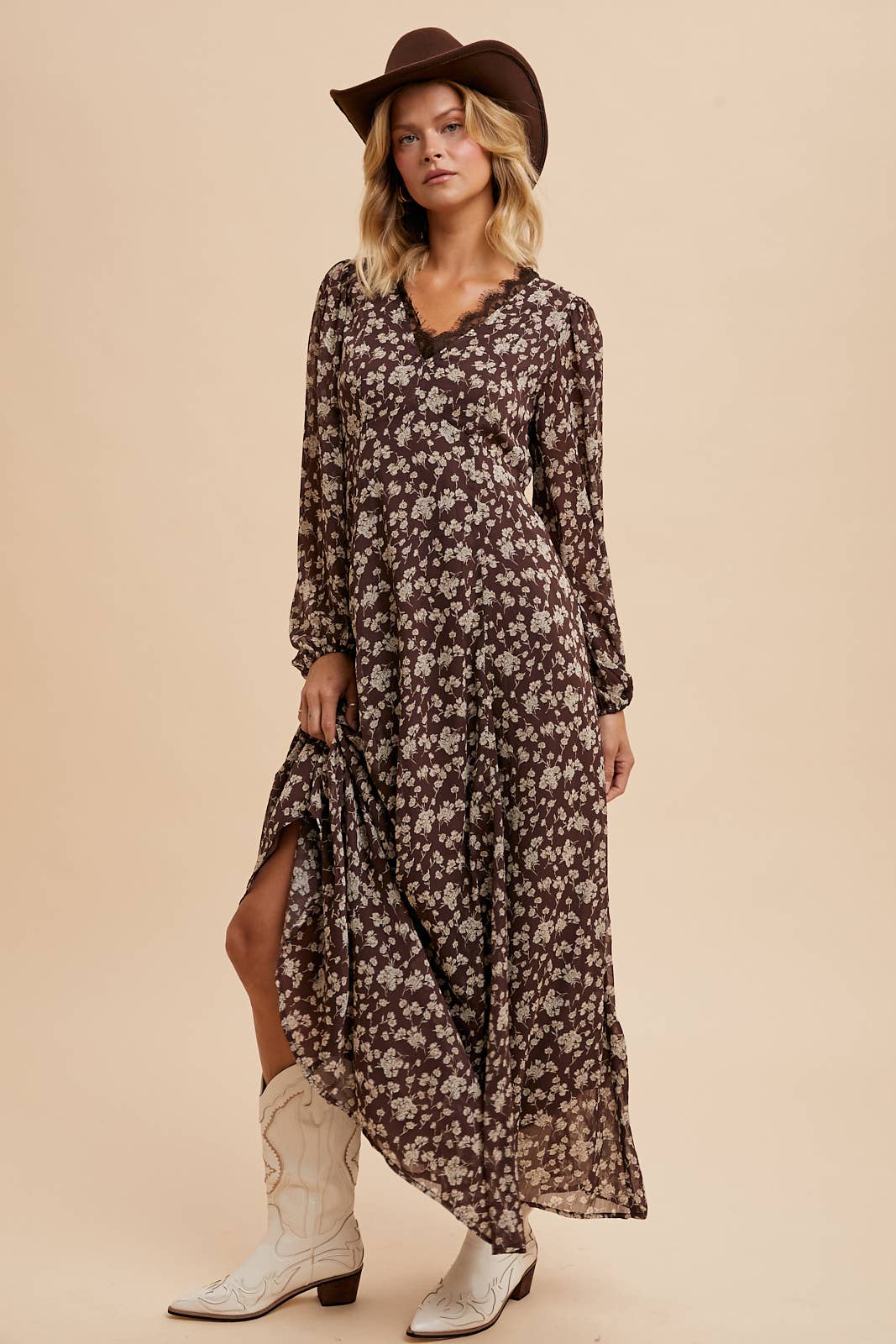 Mocha Floral Lace Maxi Dress