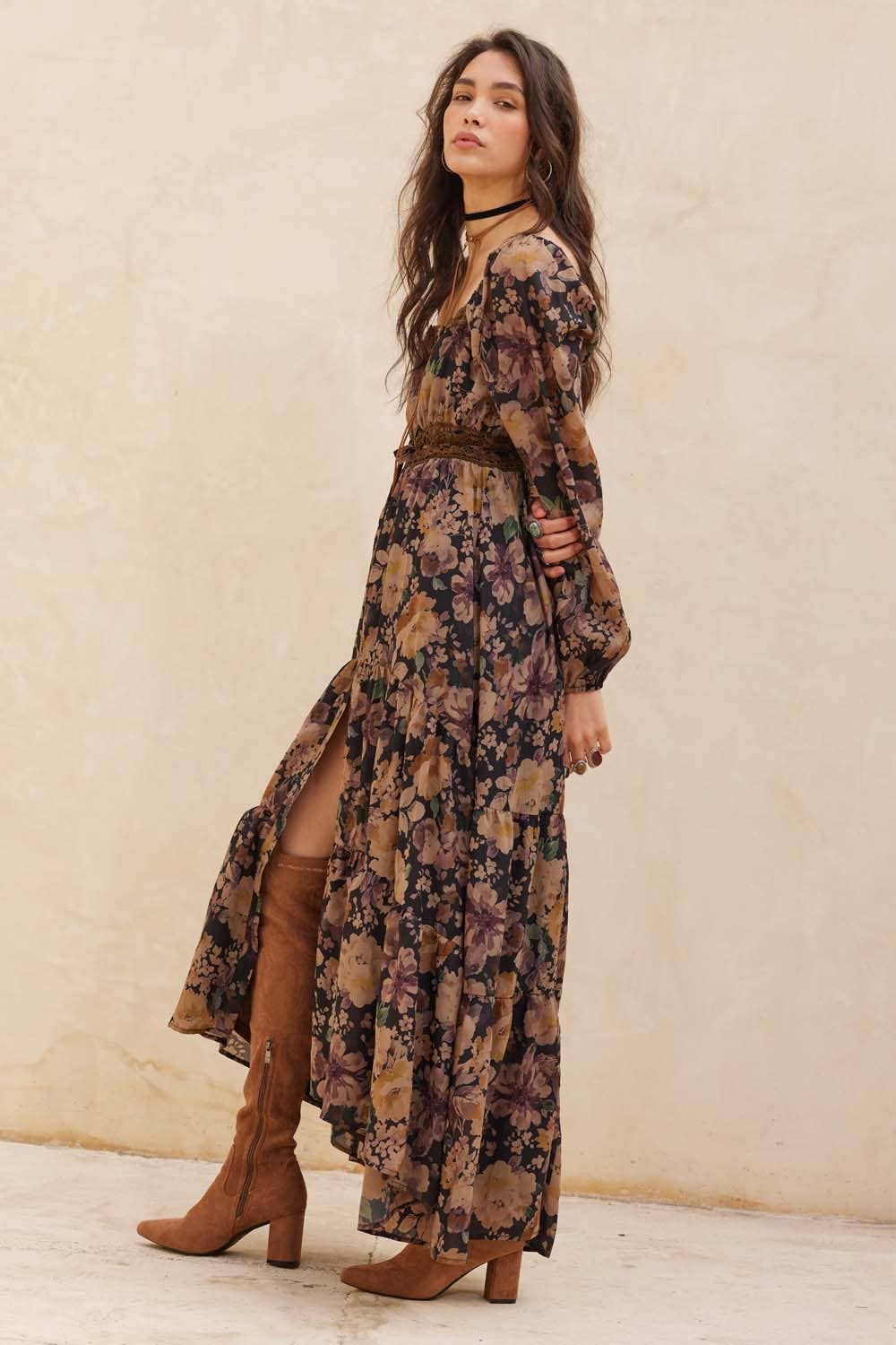 Floral Button-Front Tiered Ruffle Maxi Dress
