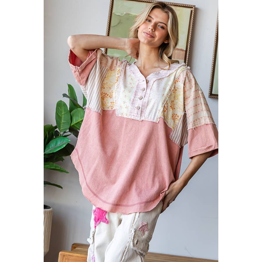 Pink Washed Printed Henley