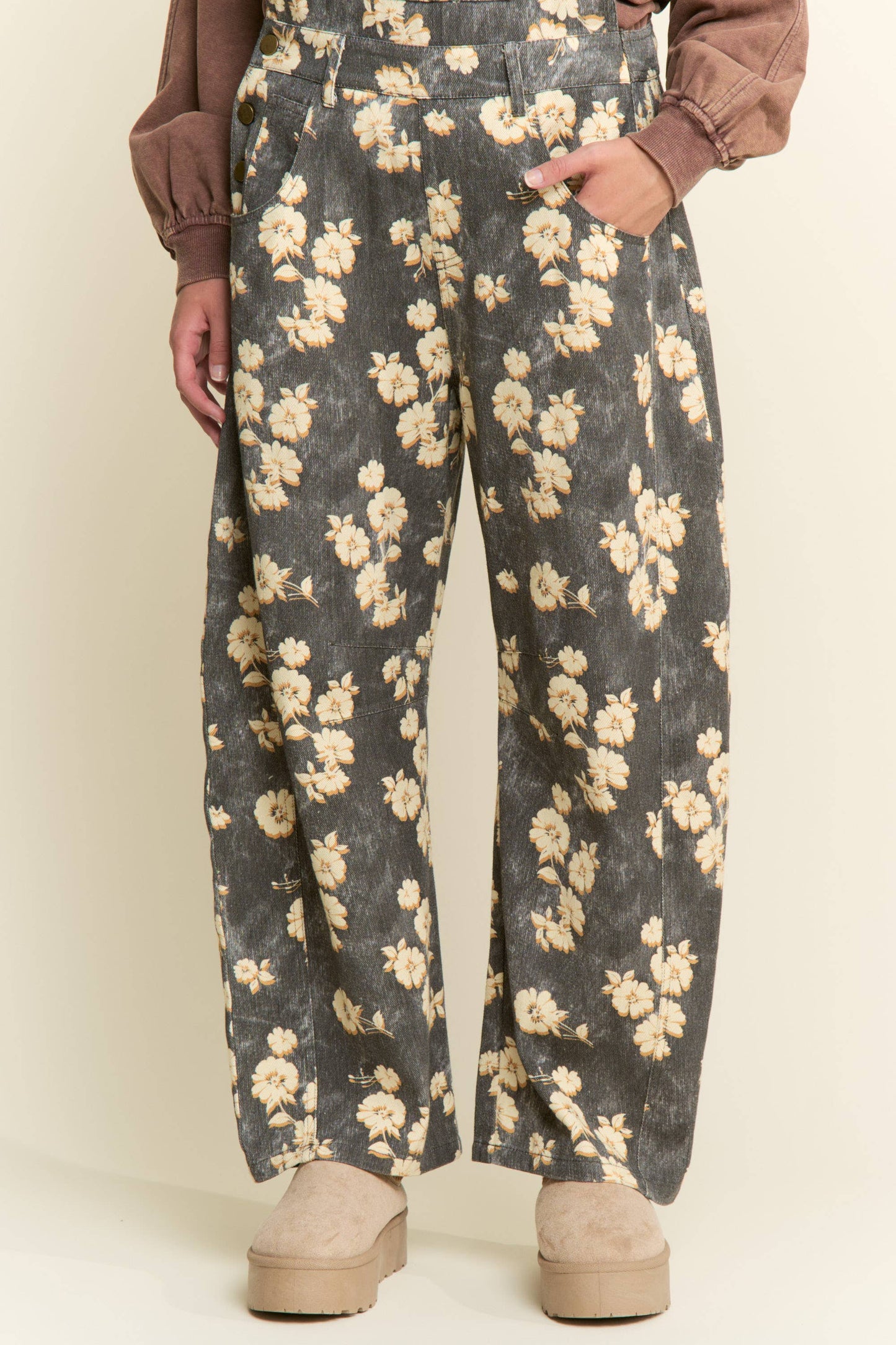 Ash Black Floral Barrel Overalls
