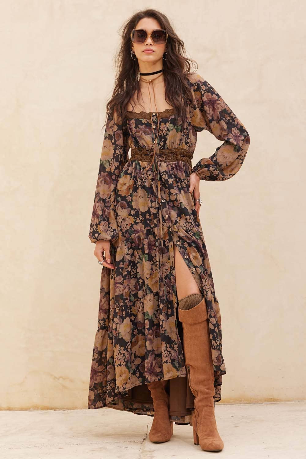 Floral Button-Front Tiered Ruffle Maxi Dress