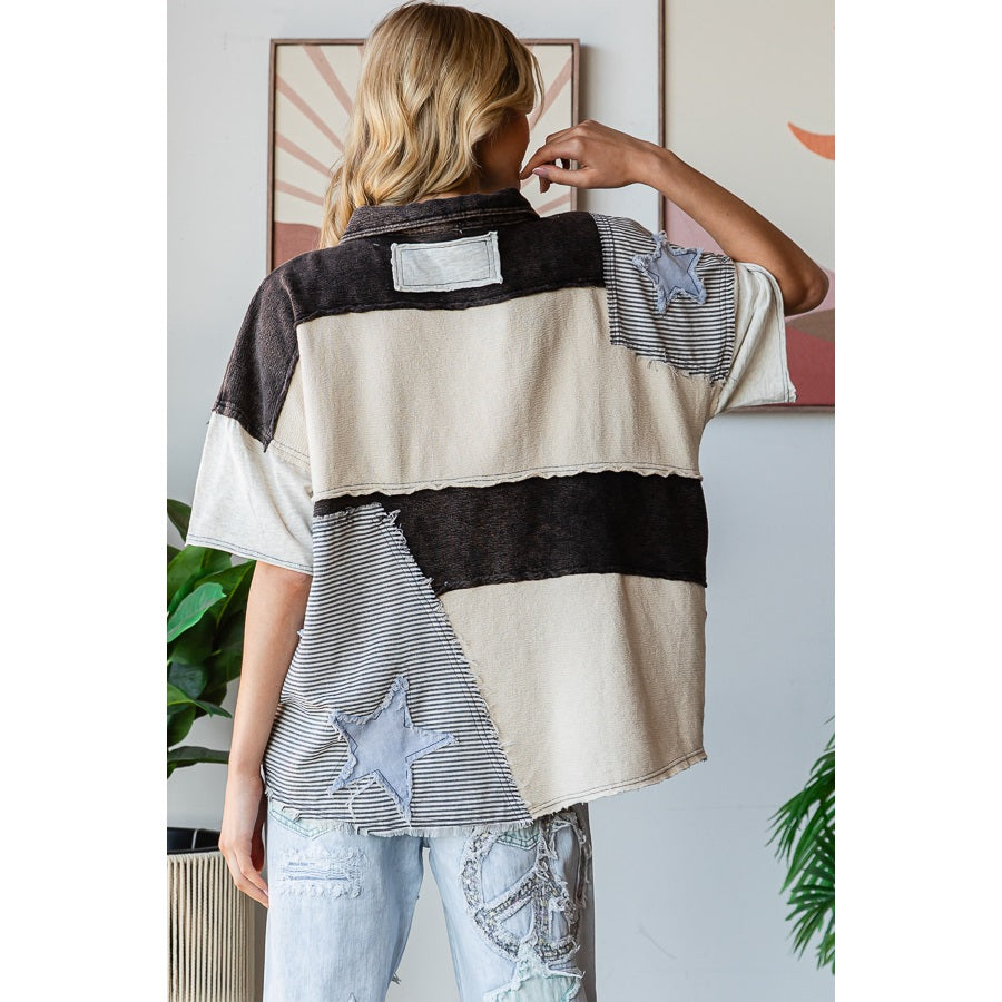 Washed Star Patchwork Collared Shirt