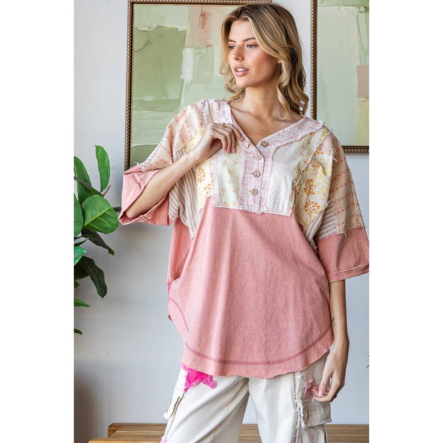 Pink Washed Printed Henley