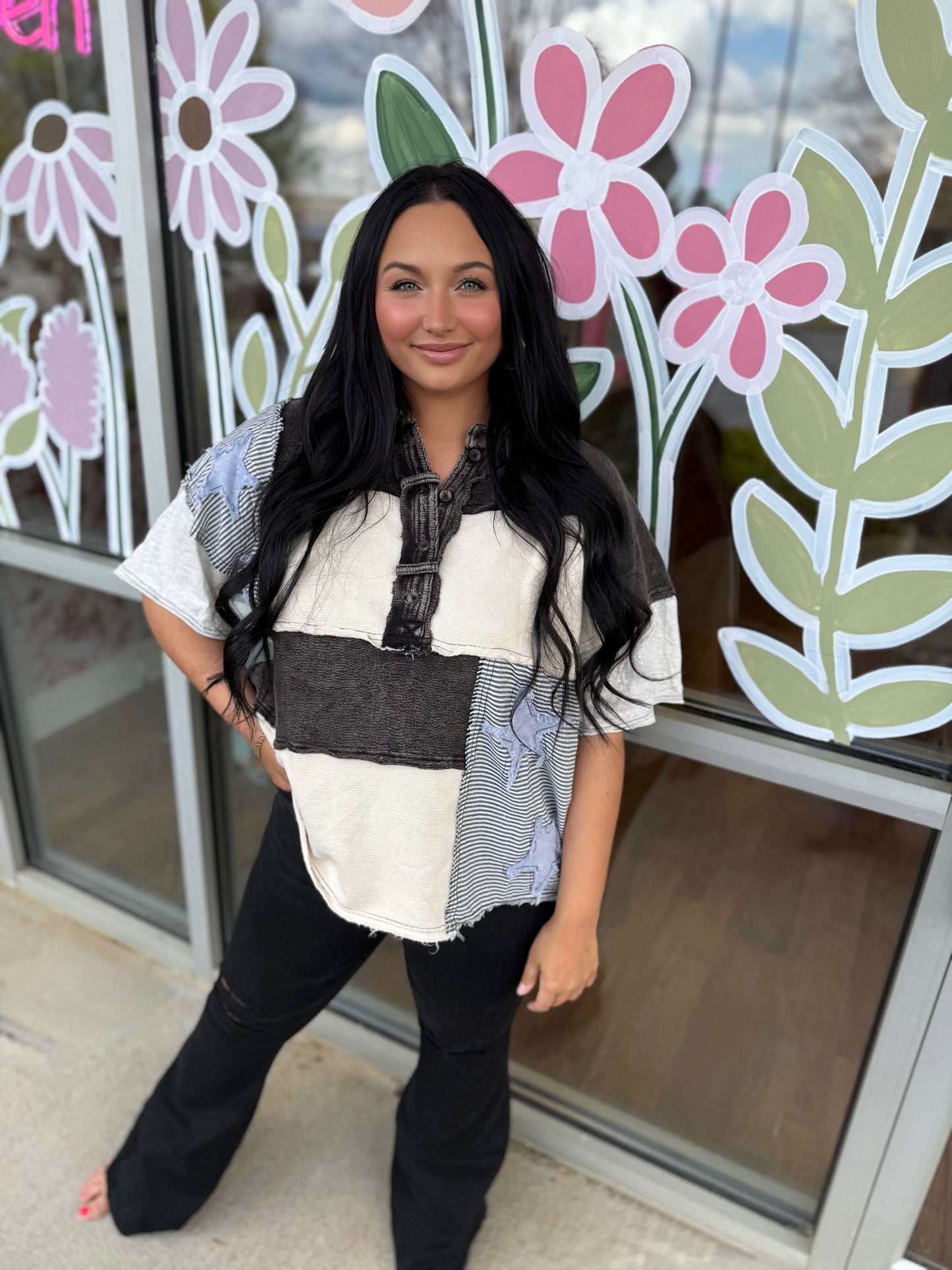 Washed Star Patchwork Collared Shirt