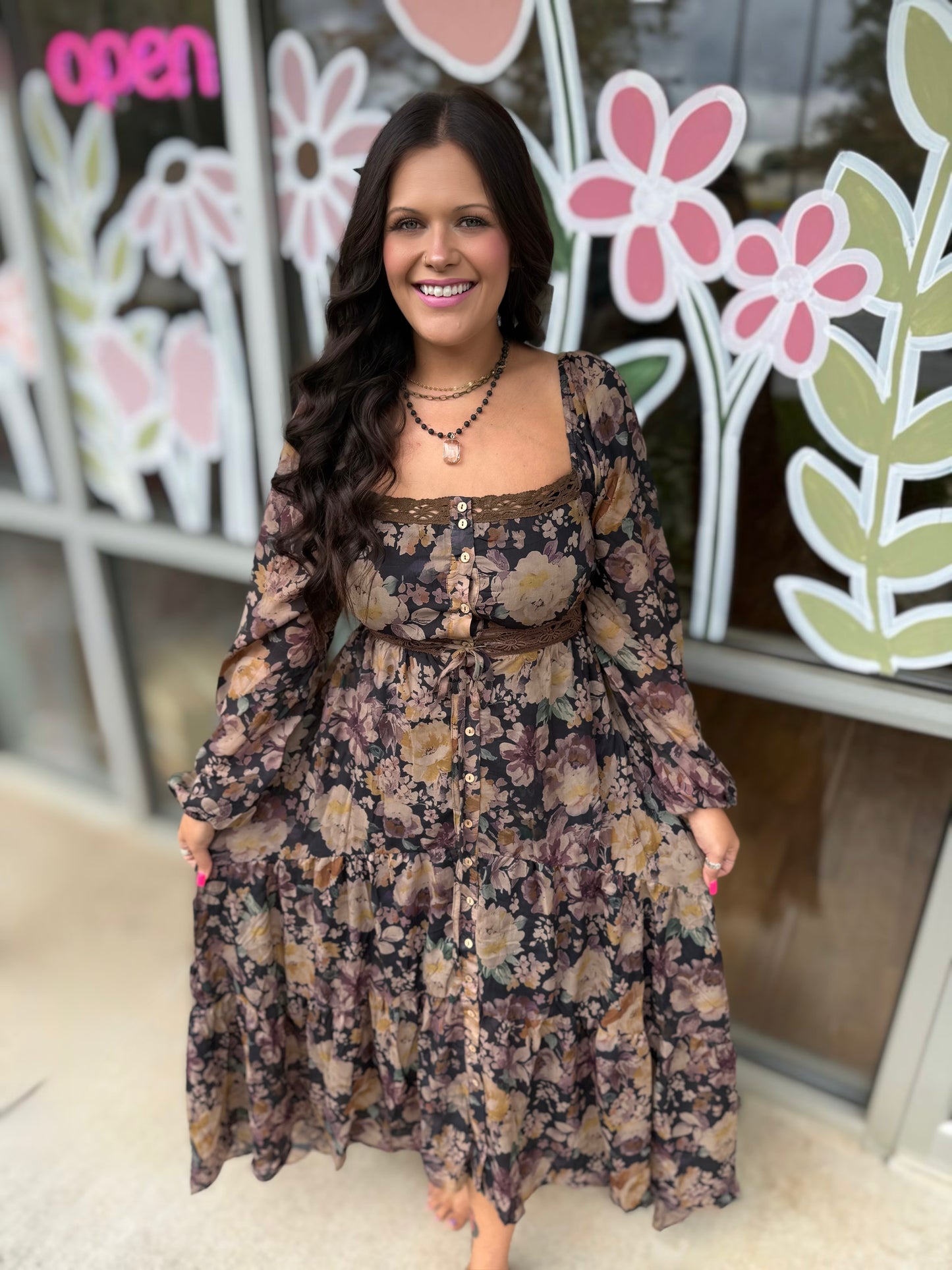 Floral Button-Front Tiered Ruffle Maxi Dress