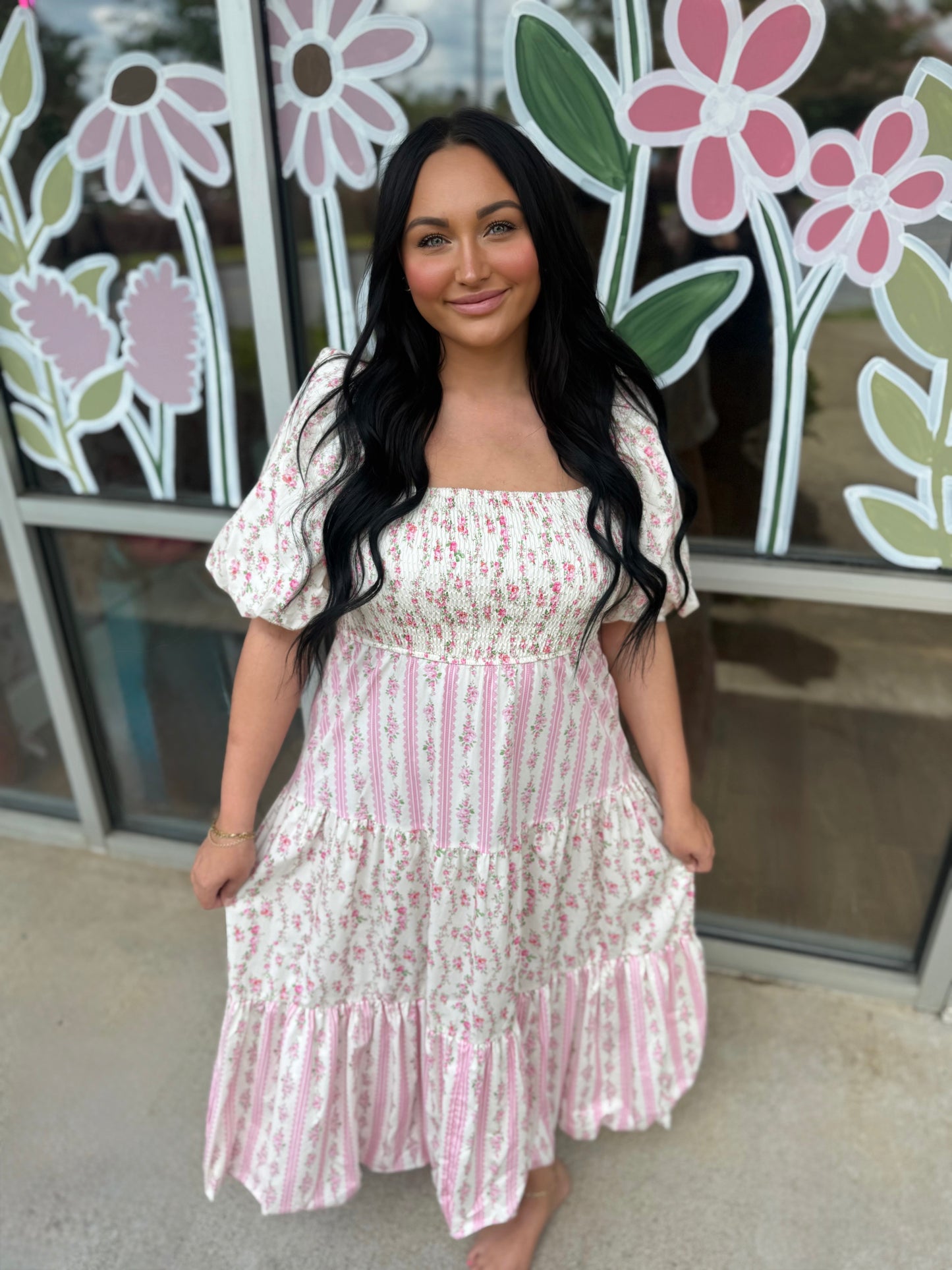 Floral Print Mixed Bubble Hem Maxi Dress