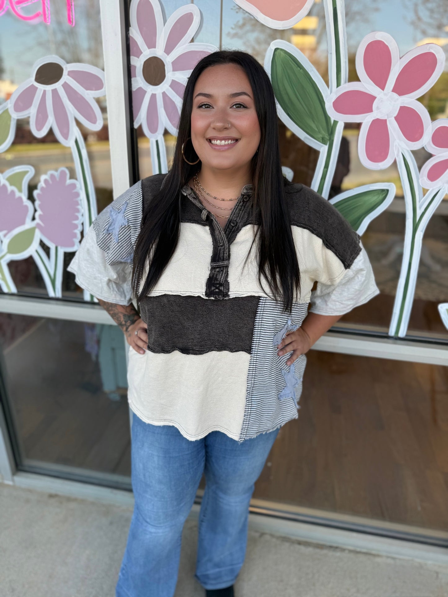 Washed Star Patchwork Collared Shirt
