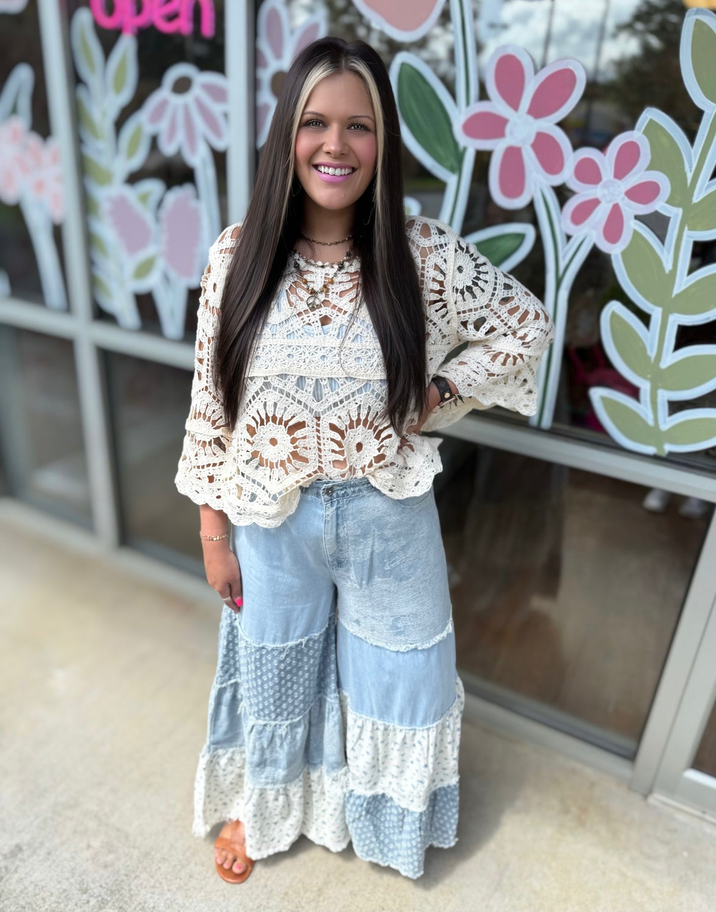 Denim Floral Flare Pants