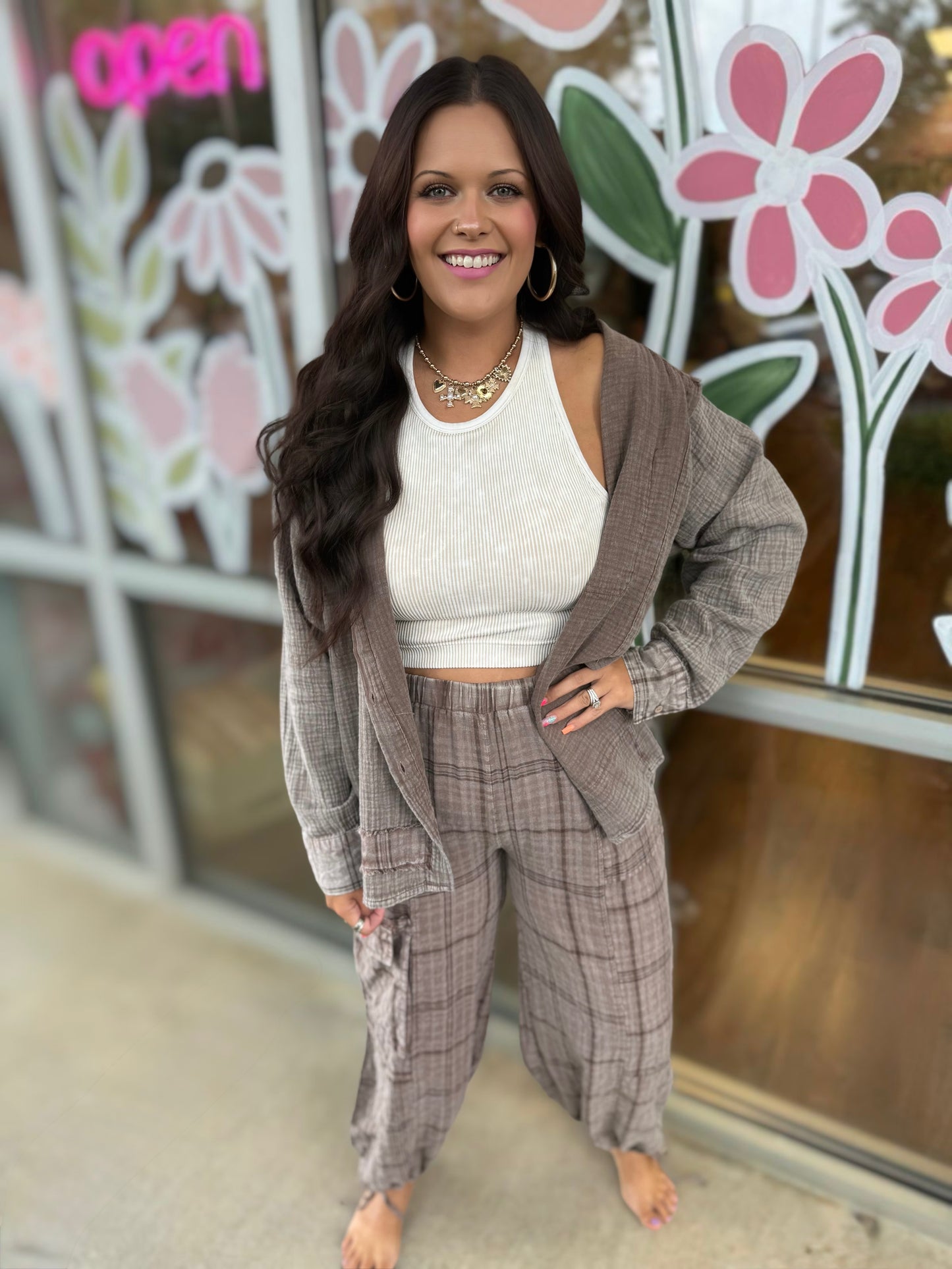 Brown Striped Gauze Button Up