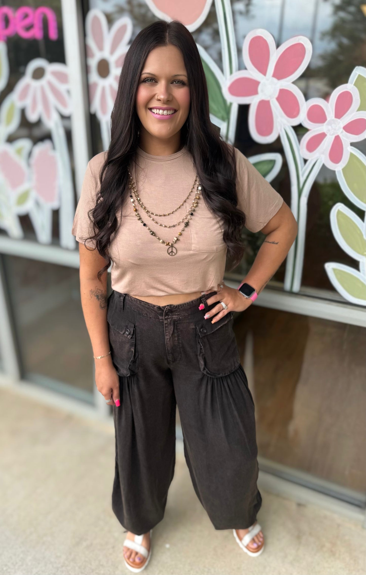 Washed Wide Leg Parachute Pants