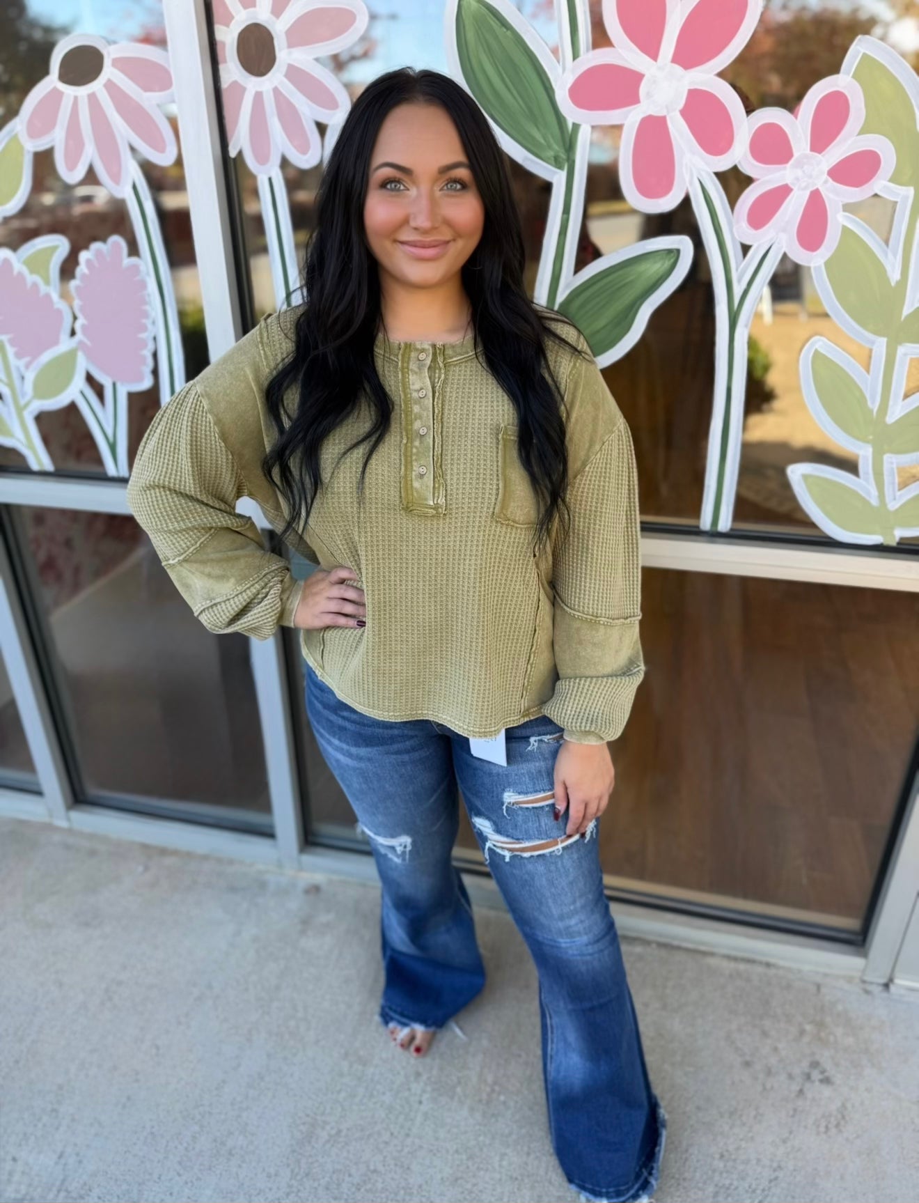 Faded Olive Mineral Washed Henley Top