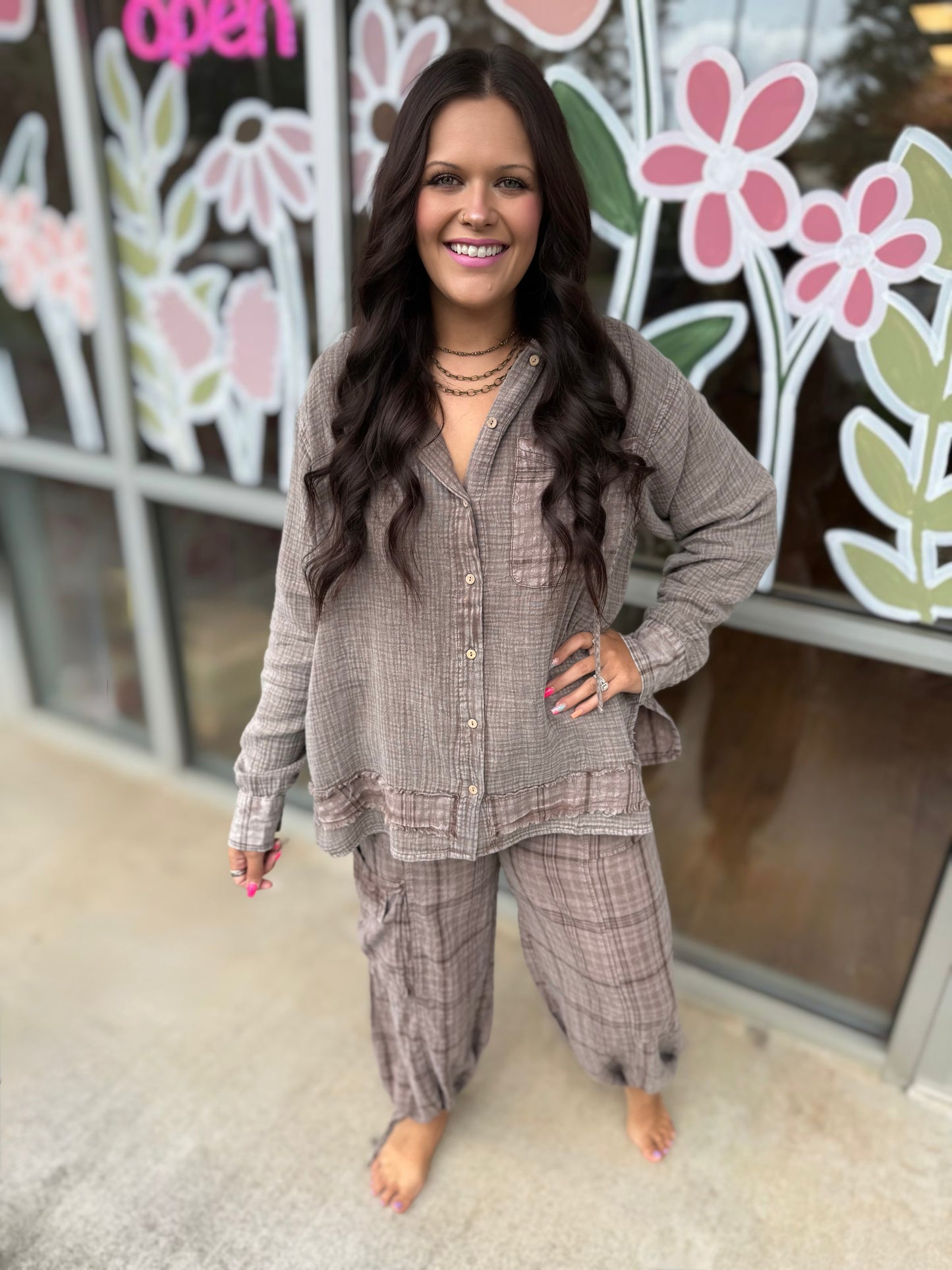 Brown Striped Gauze Button Up