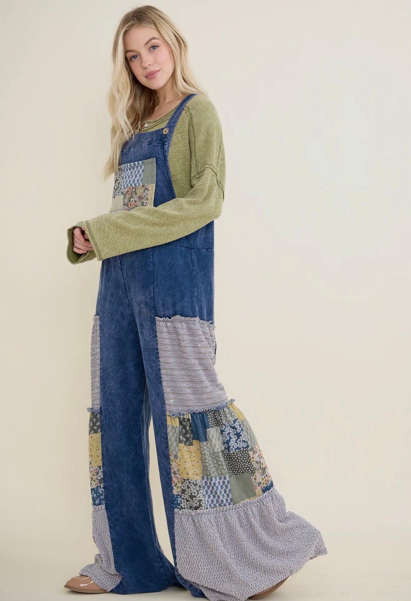 Navy Tiered Boho Patchwork Overalls