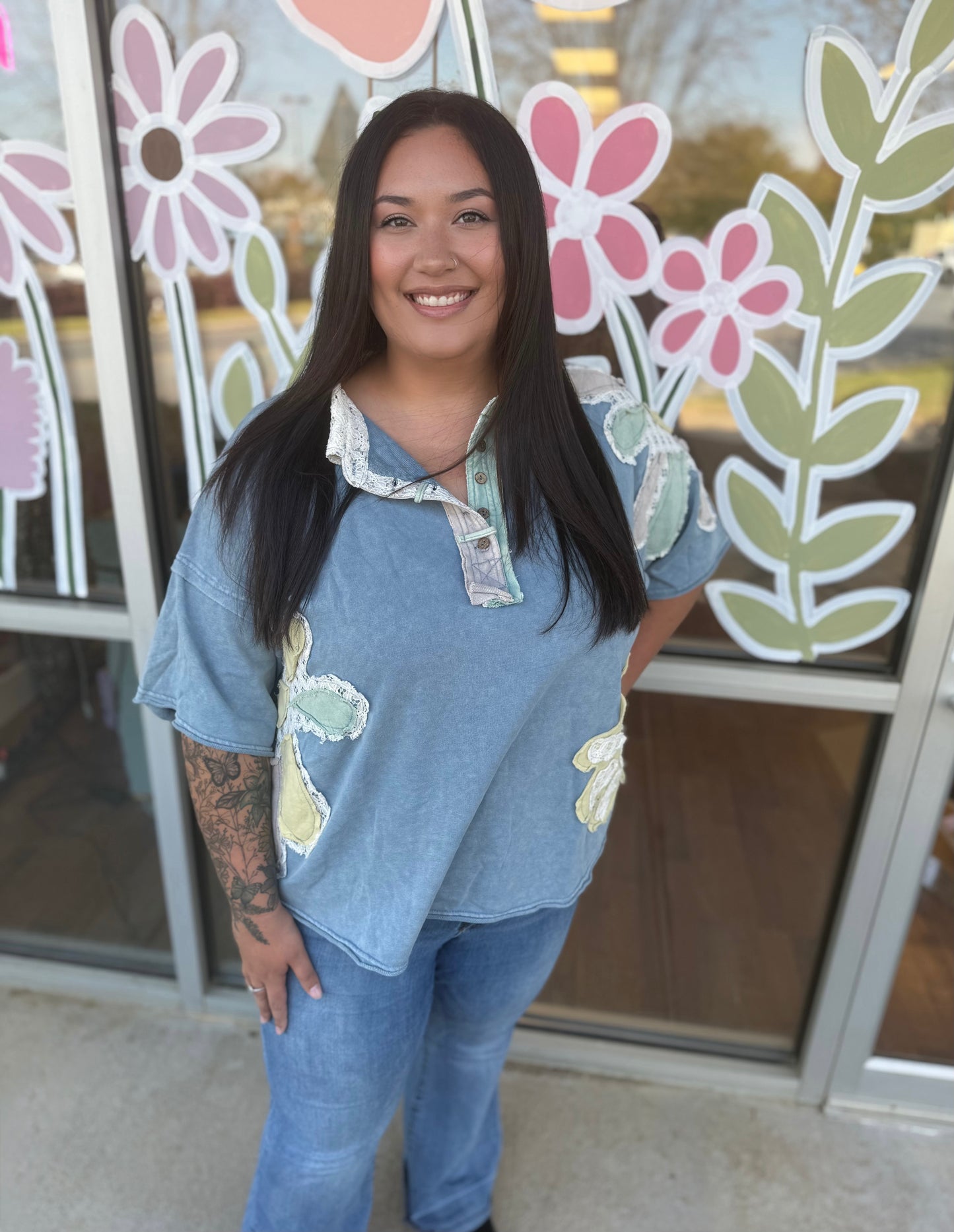 Washed Flower Patchwork Collared Top