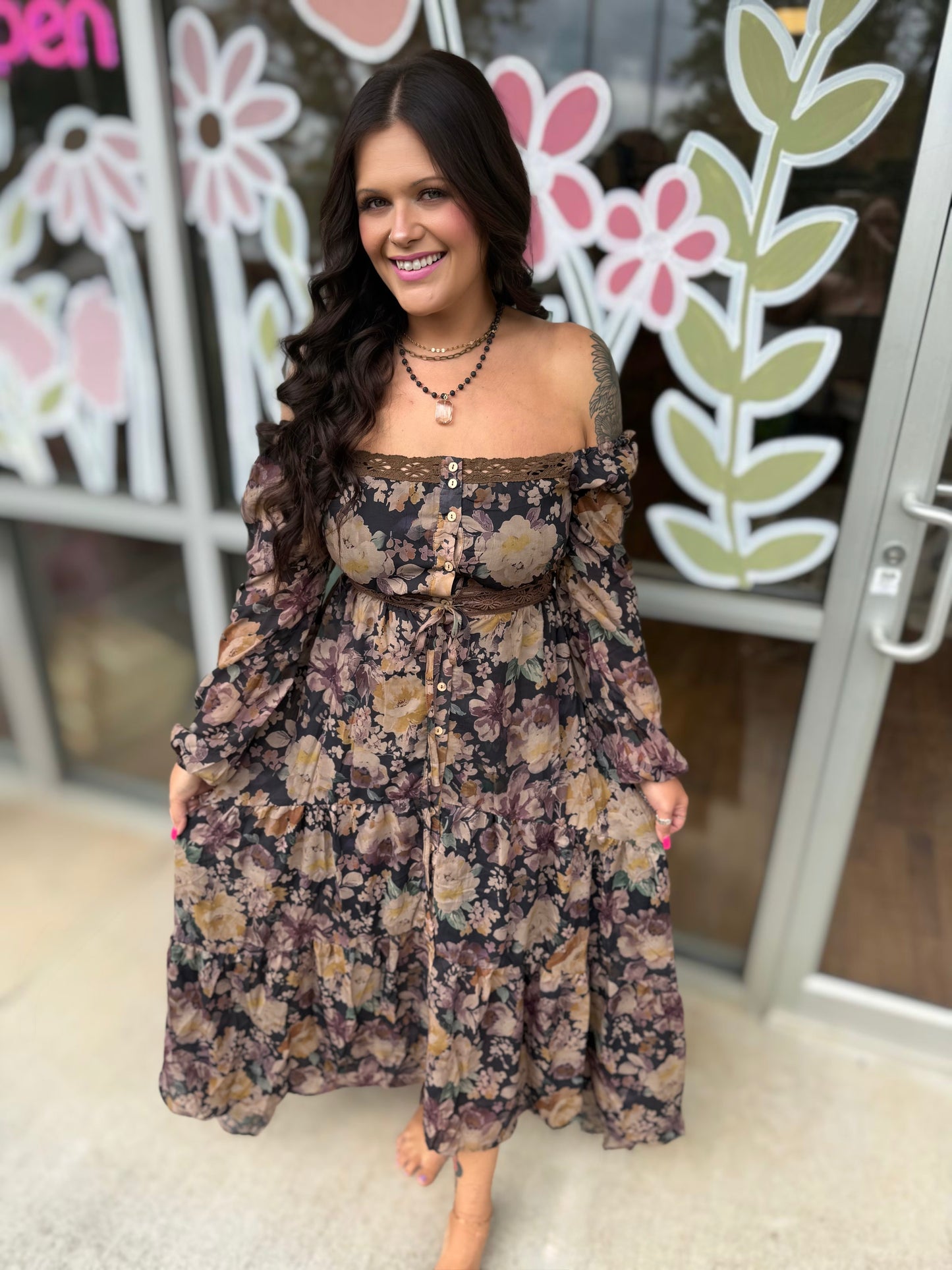 Floral Button-Front Tiered Ruffle Maxi Dress