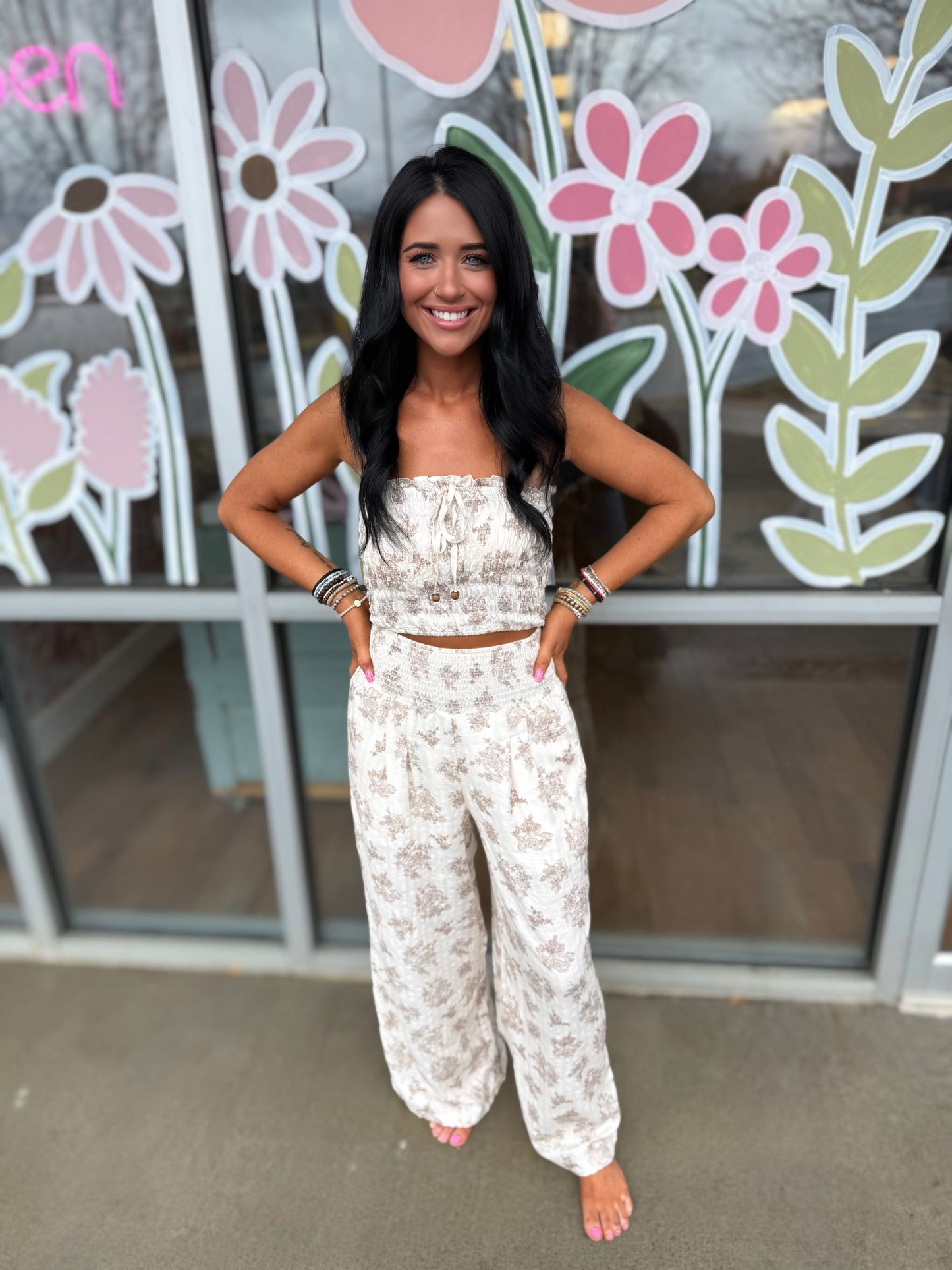 Floral Smocked Tube Top & Wide-Leg Pants Set