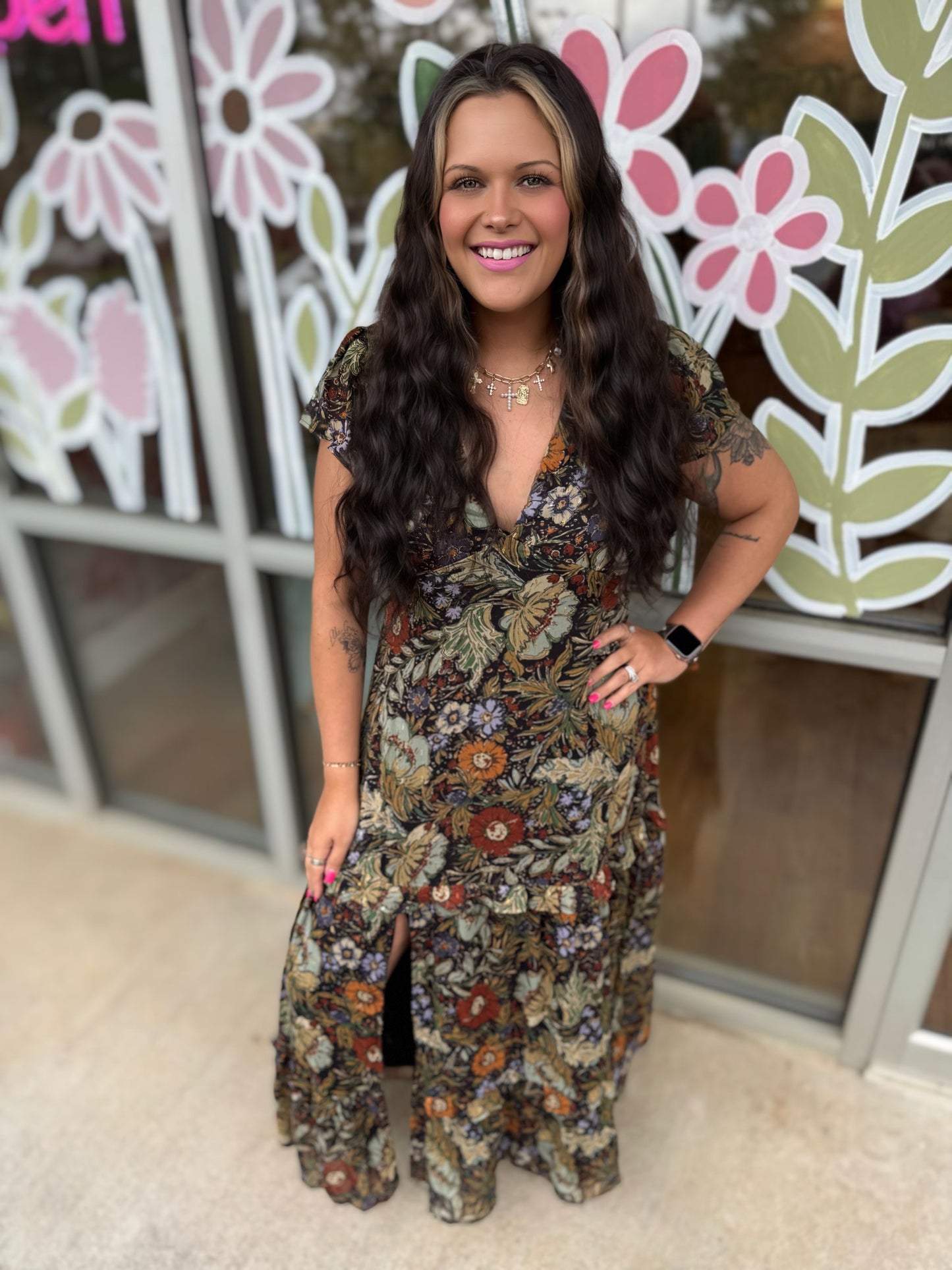 Black Floral V-Neck Maxi