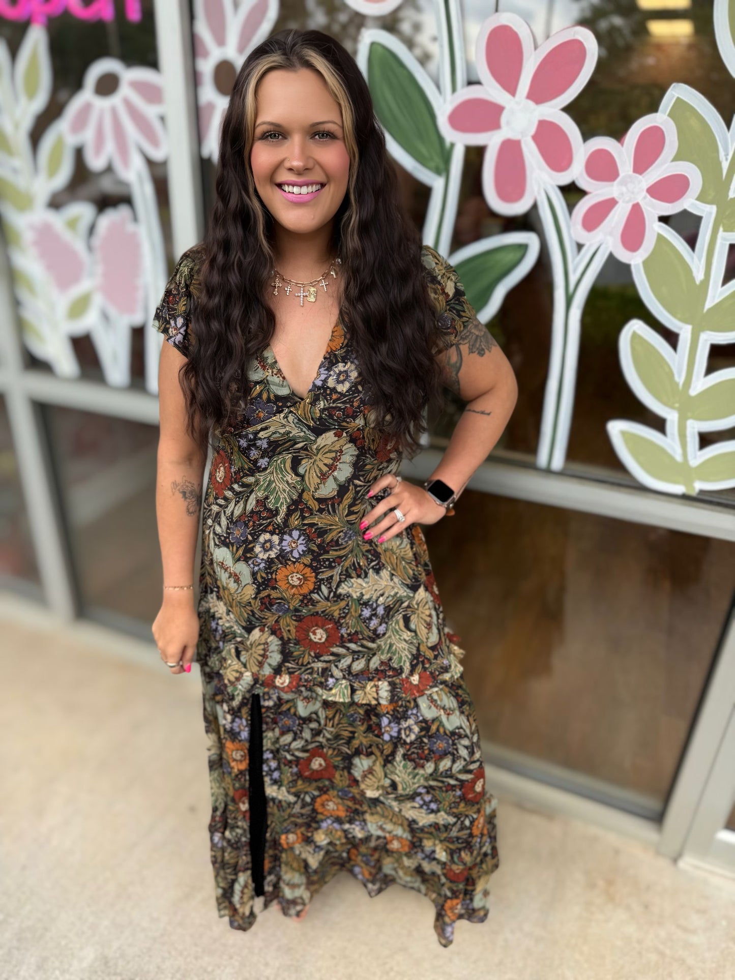 Black Floral V-Neck Maxi