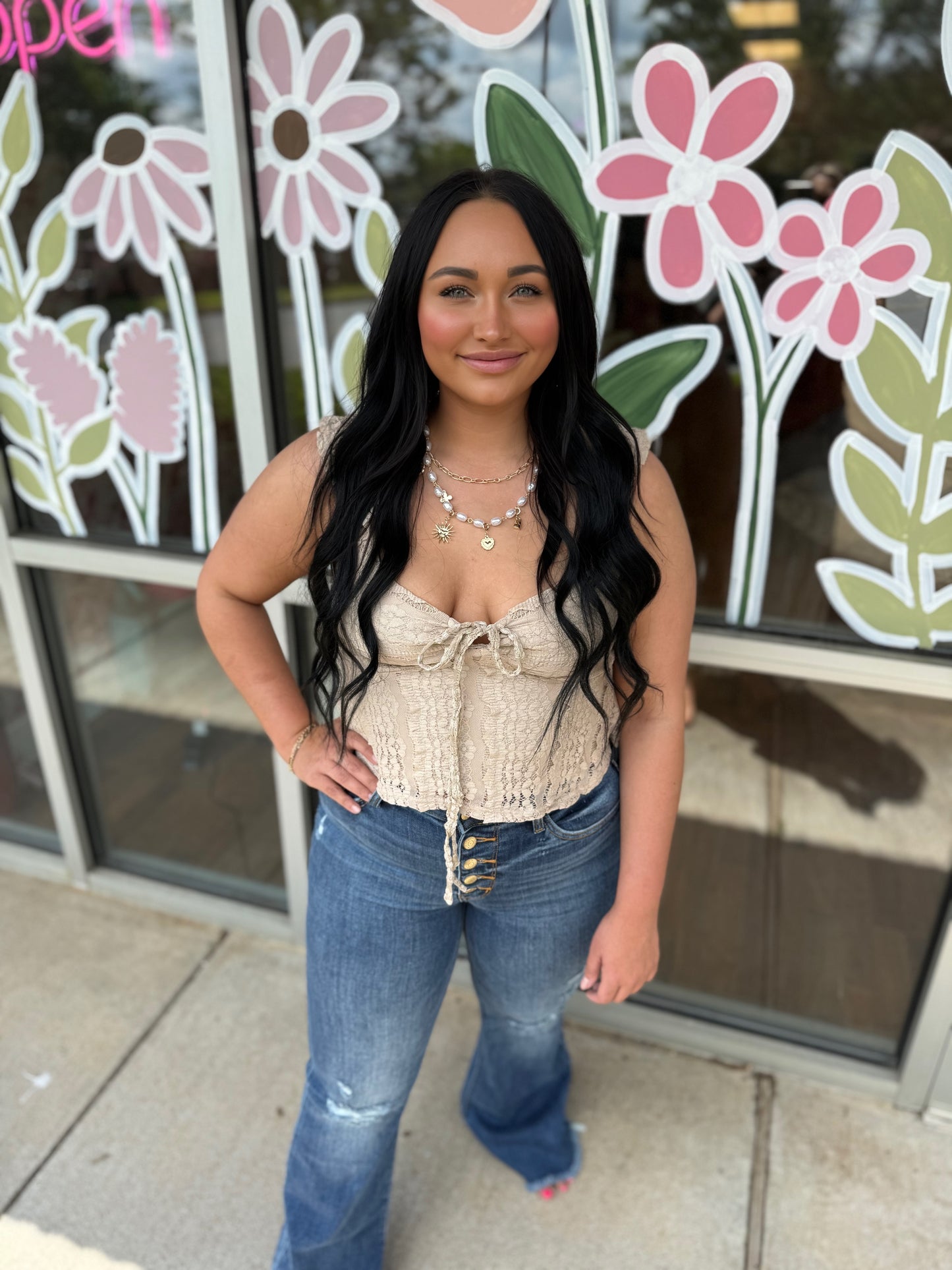 Sweetheart Neck Tie Front Lace Top