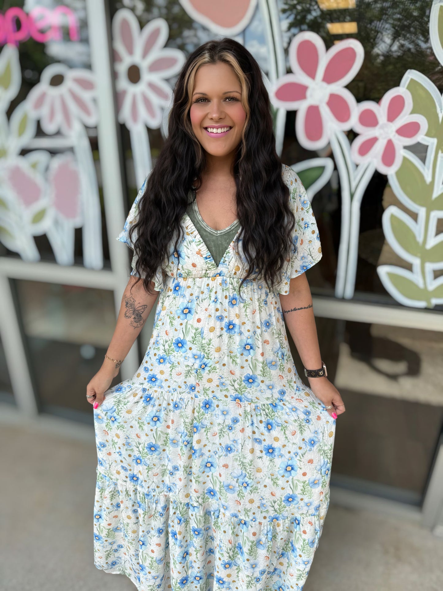 Floral V-Neck Flowy Tiered Maxi Dress