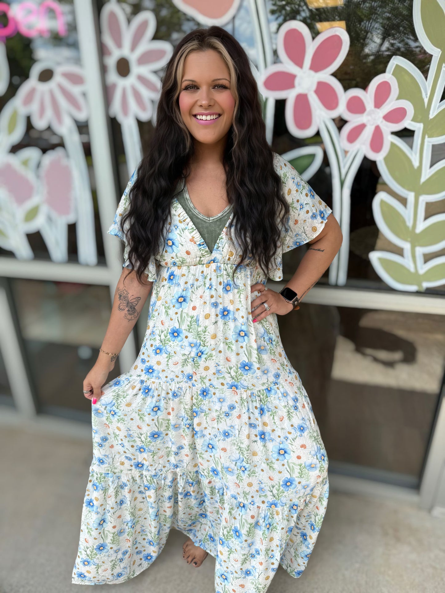 Floral V-Neck Flowy Tiered Maxi Dress