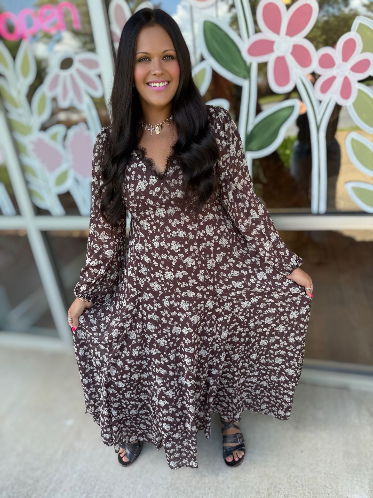 Mocha Floral Lace Maxi Dress