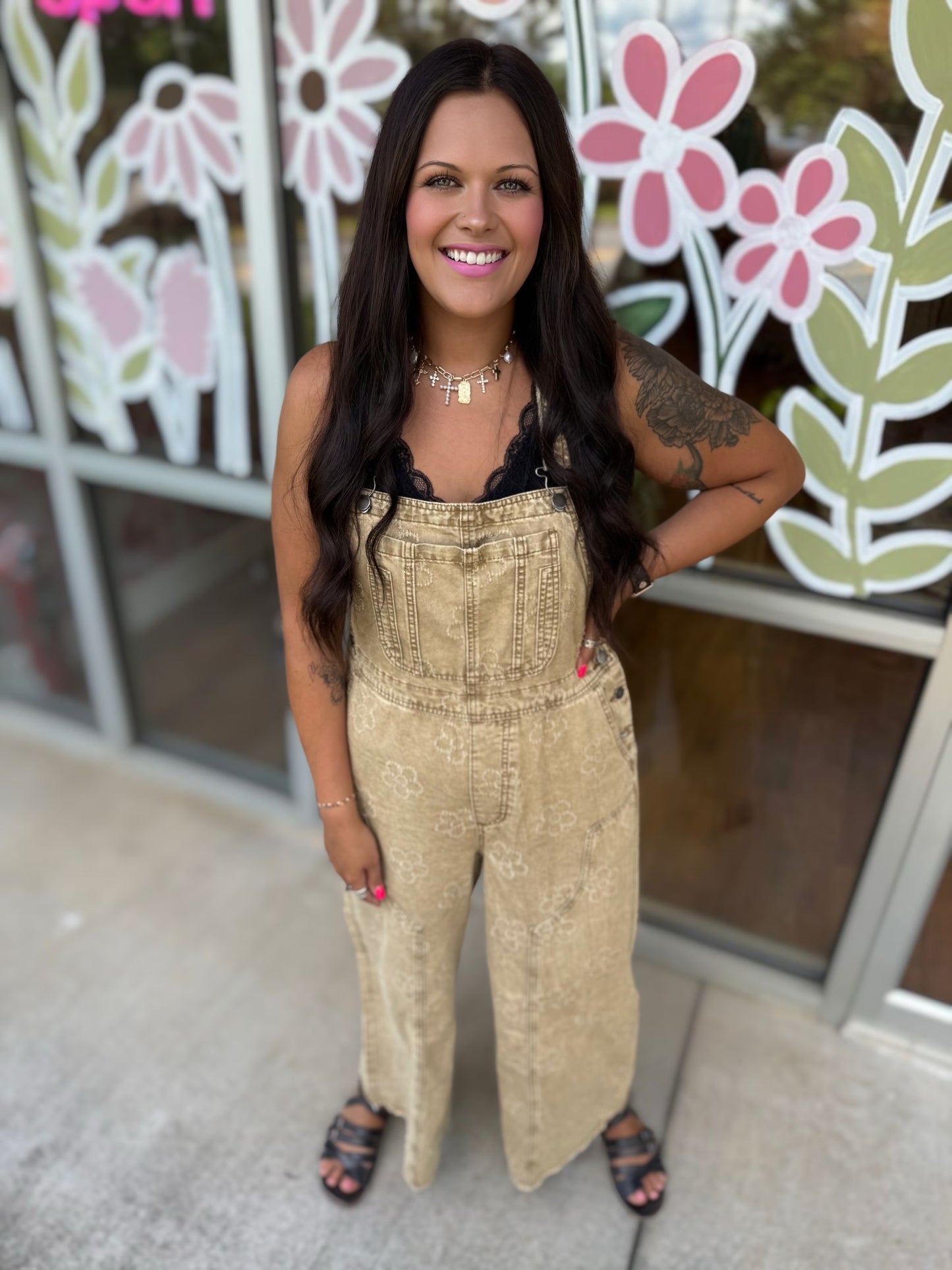 Tan Floral Overalls