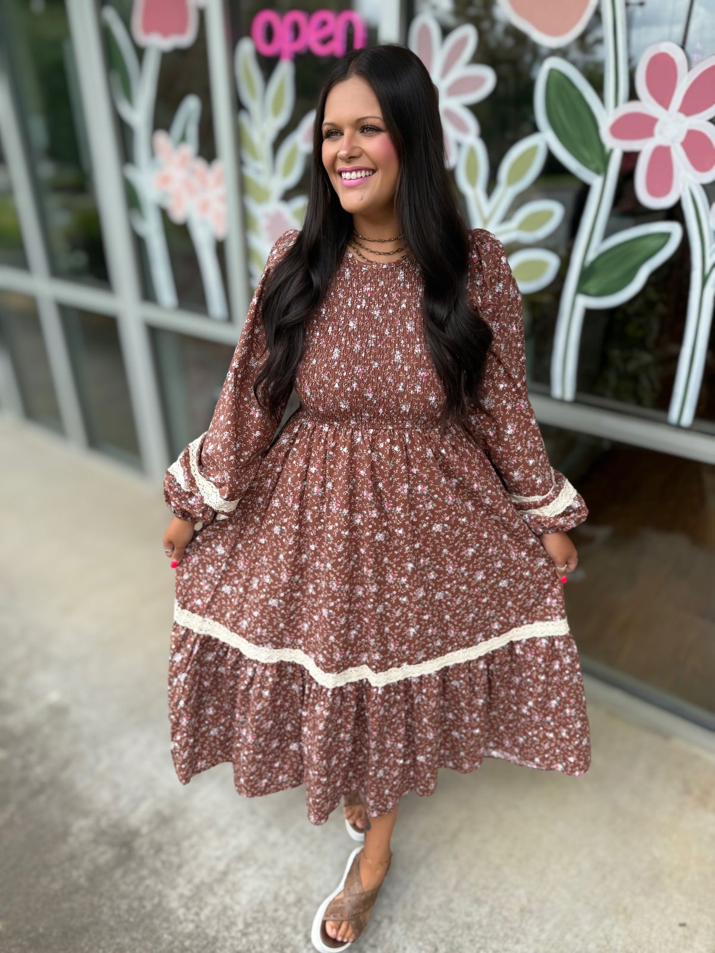 Mocha Smocked Floral Cotton Maxi Dress