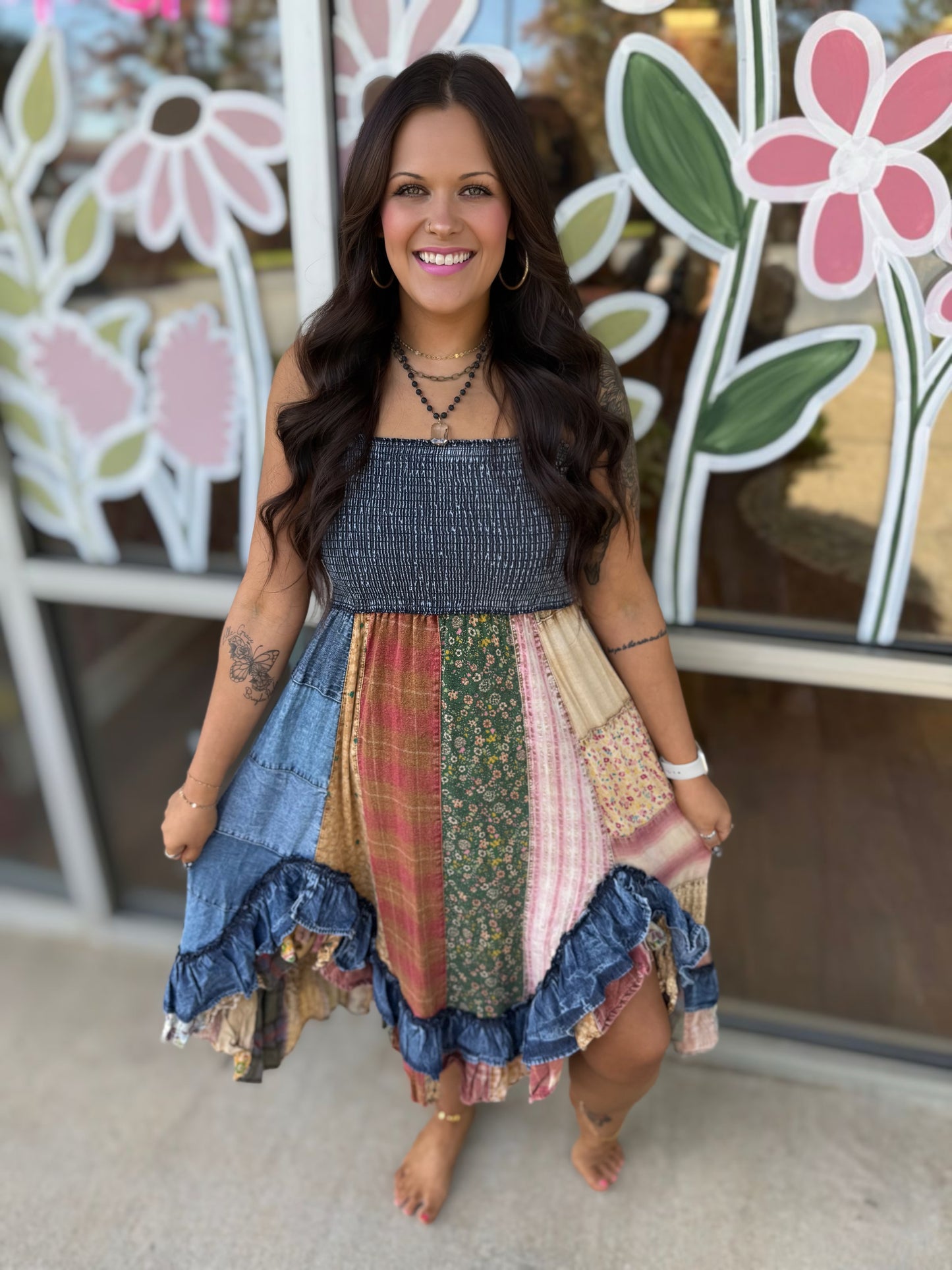 Ruffled Midi Dress with Denim Inserts
