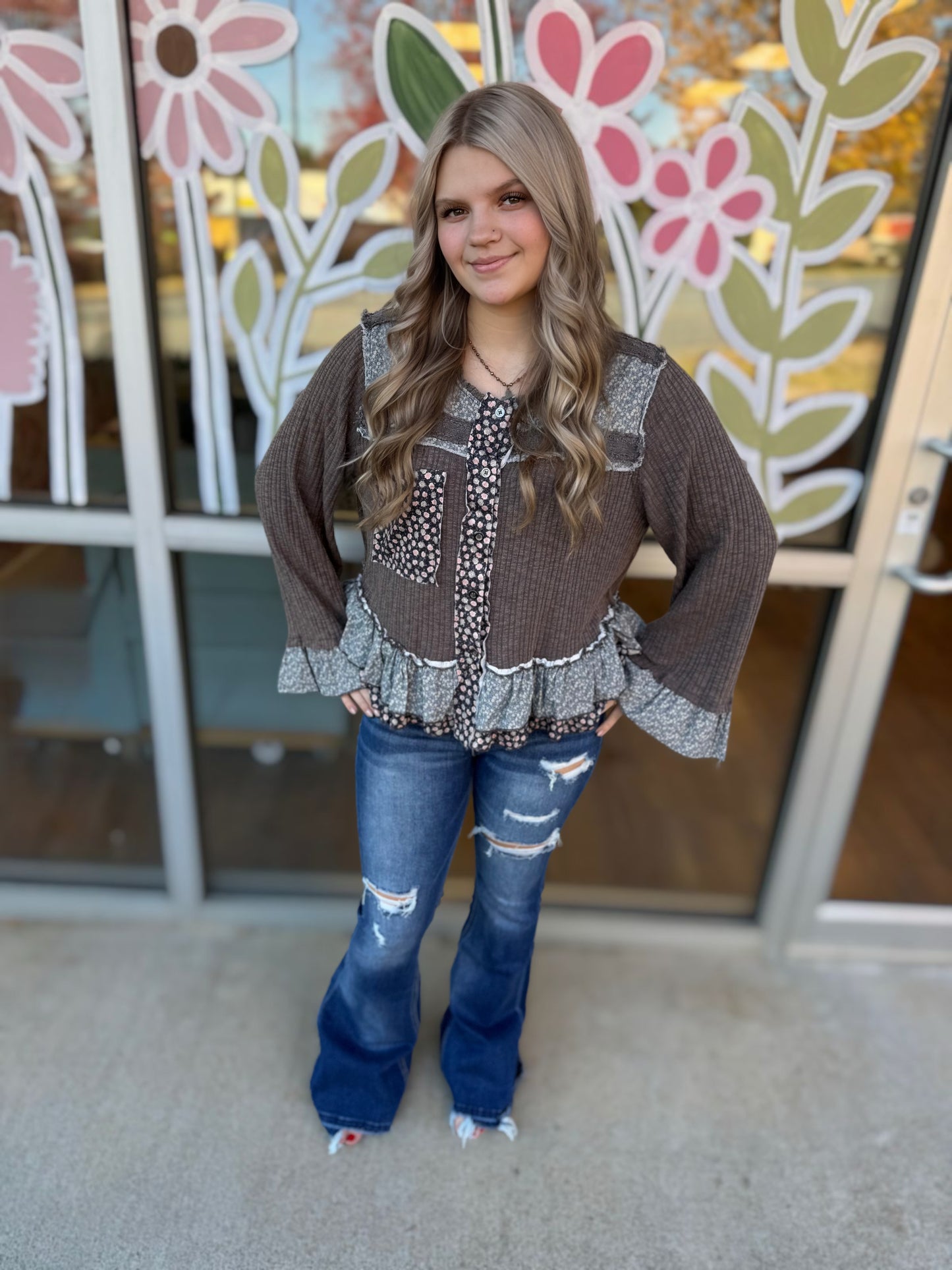 Charcoal Ruffle Hem Floral Knit Top