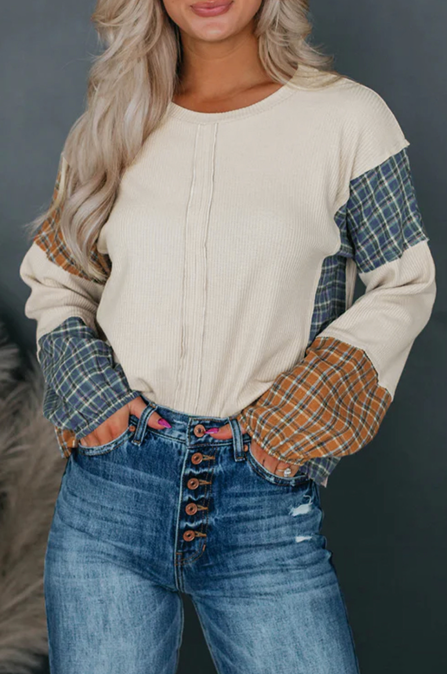 Plaid Patchwork Raw Seam Long Sleeve Top