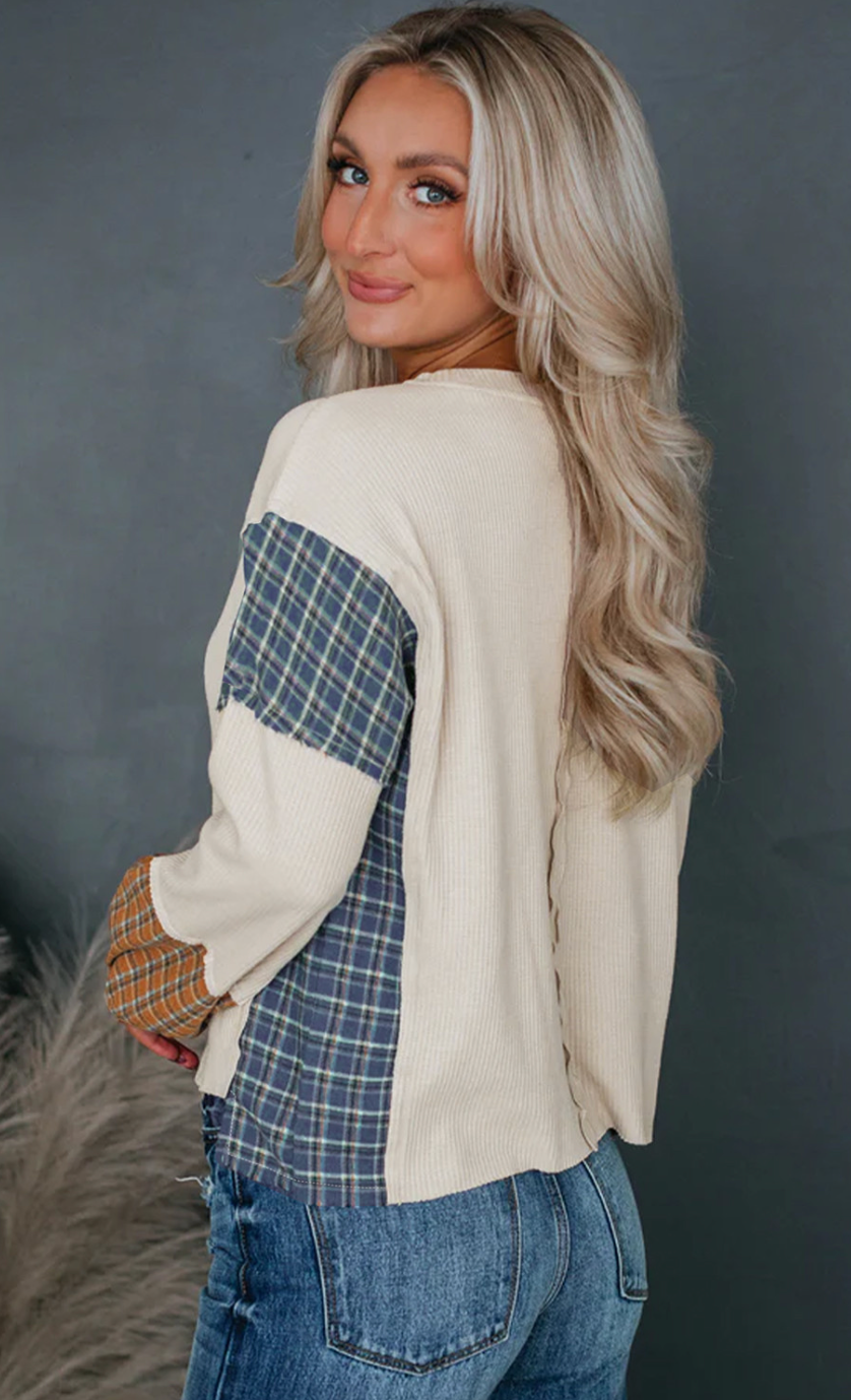 Plaid Patchwork Raw Seam Long Sleeve Top