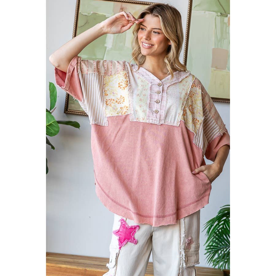 Pink Washed Printed Henley