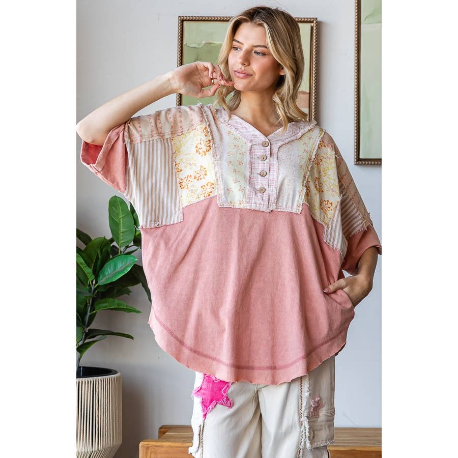 Pink Washed Printed Henley