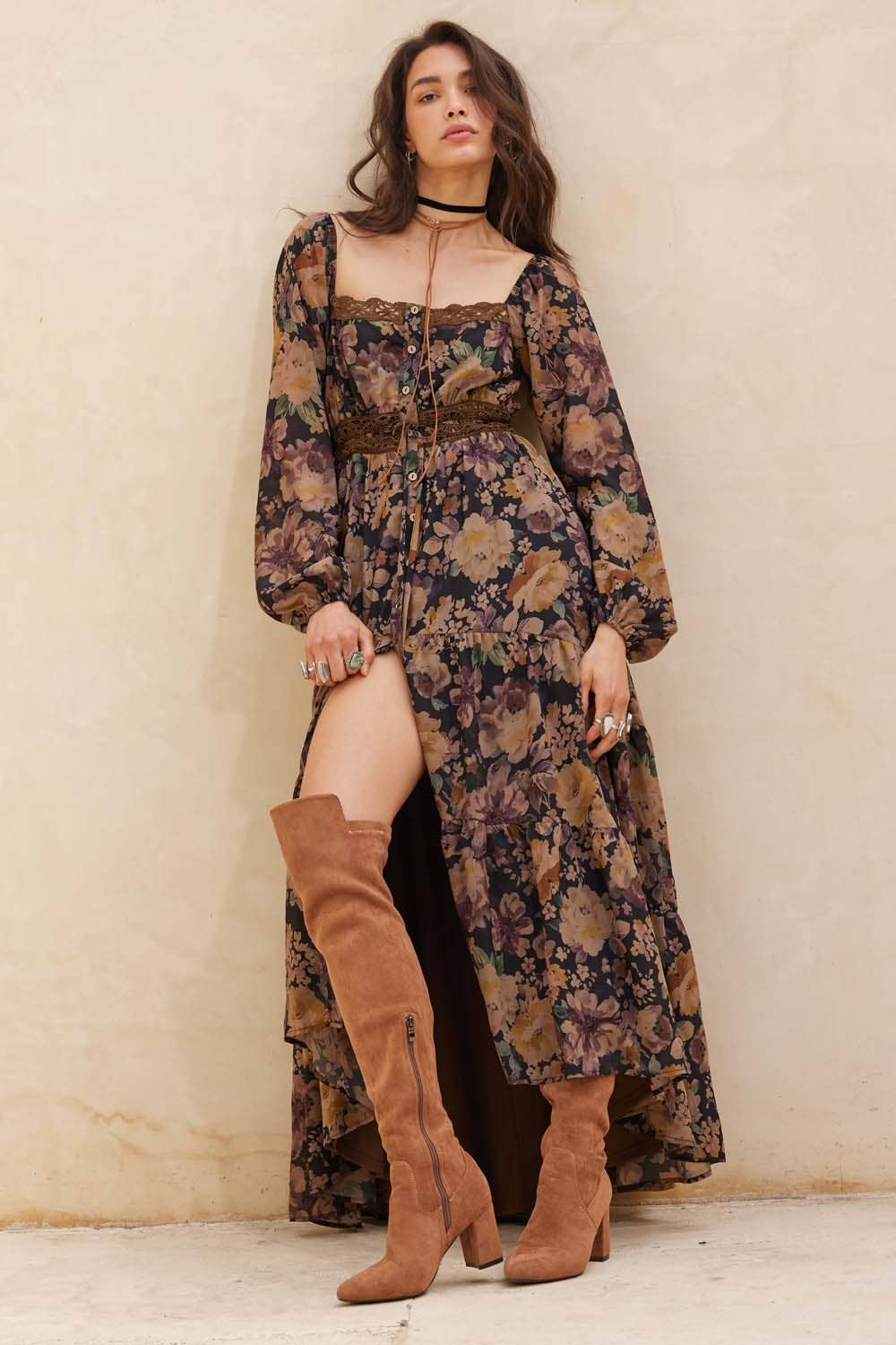 Floral Button-Front Tiered Ruffle Maxi Dress