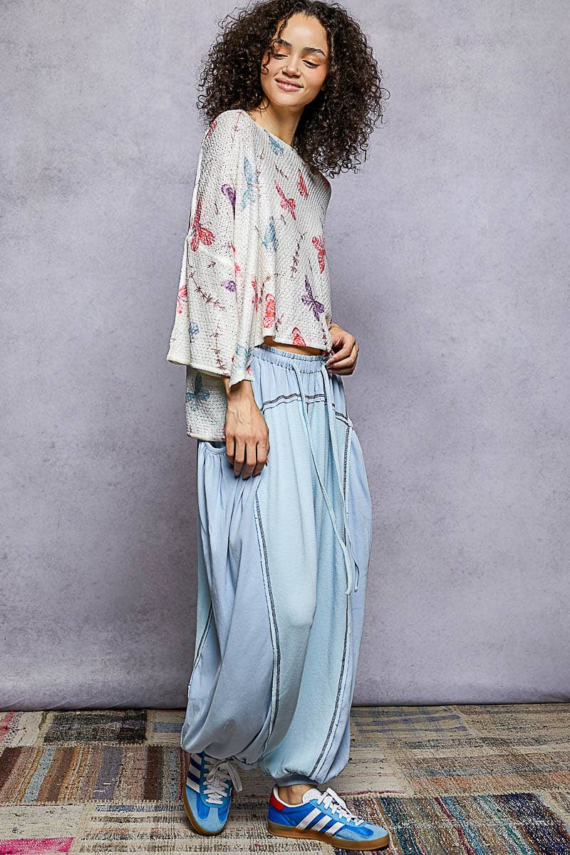 Overlock Stitch Solid Thermal Double Gauze Rib Mix Pants