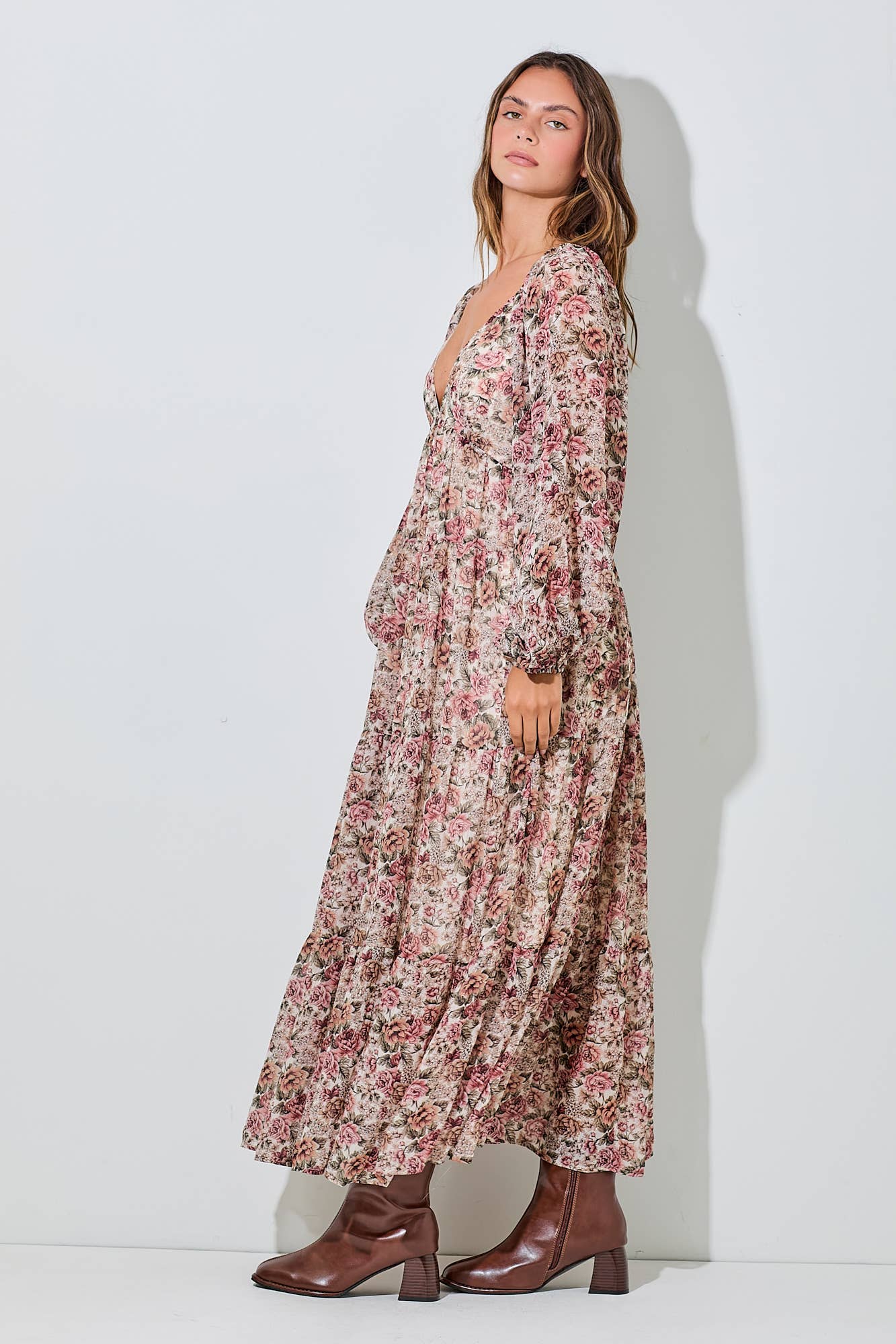 Cream Floral Lace Tiered Maxi