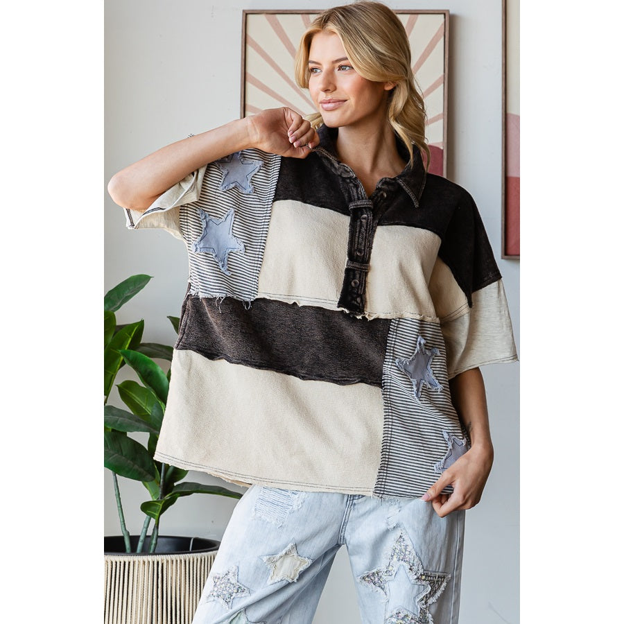 Washed Star Patchwork Collared Shirt