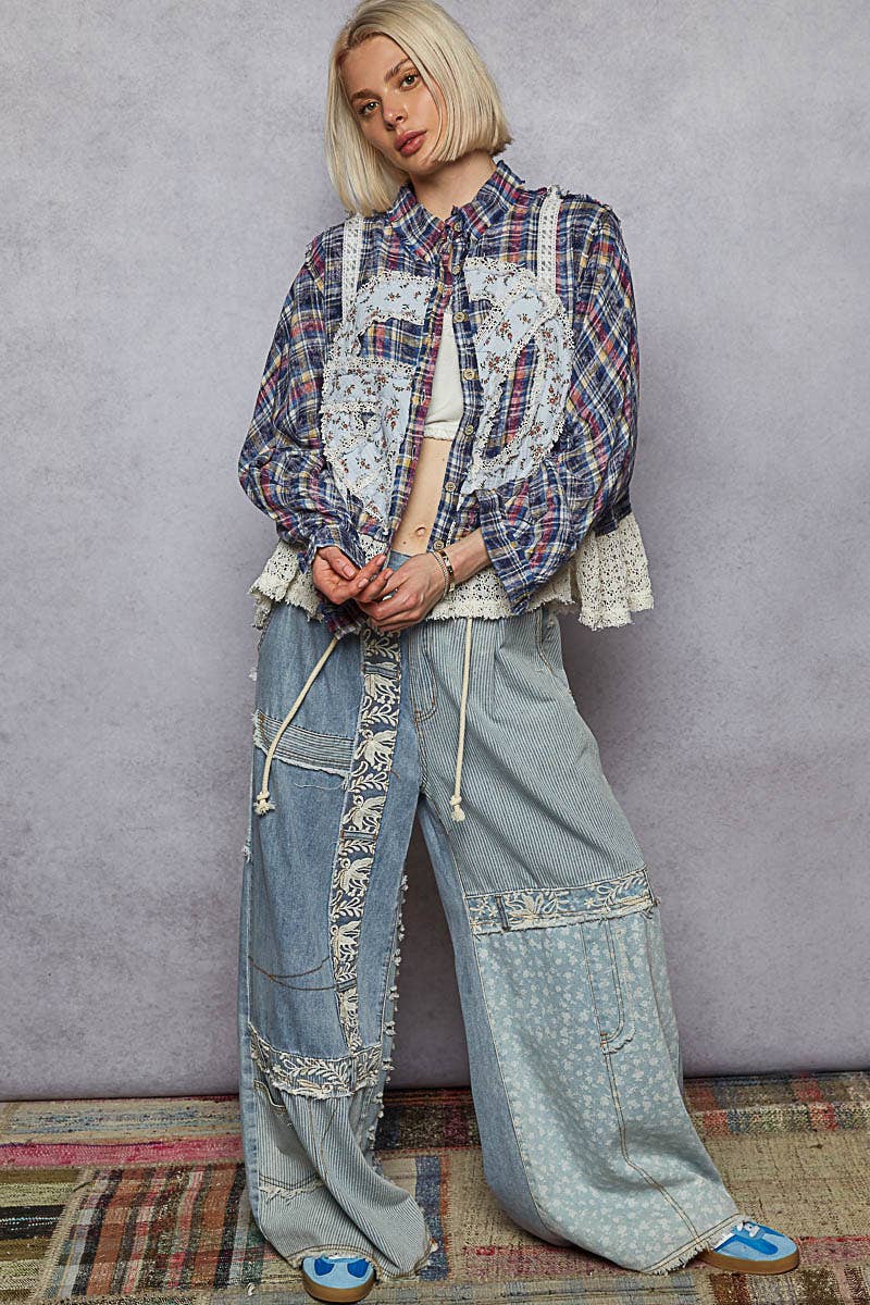 Plaid Pattern Peace Patch Shirt