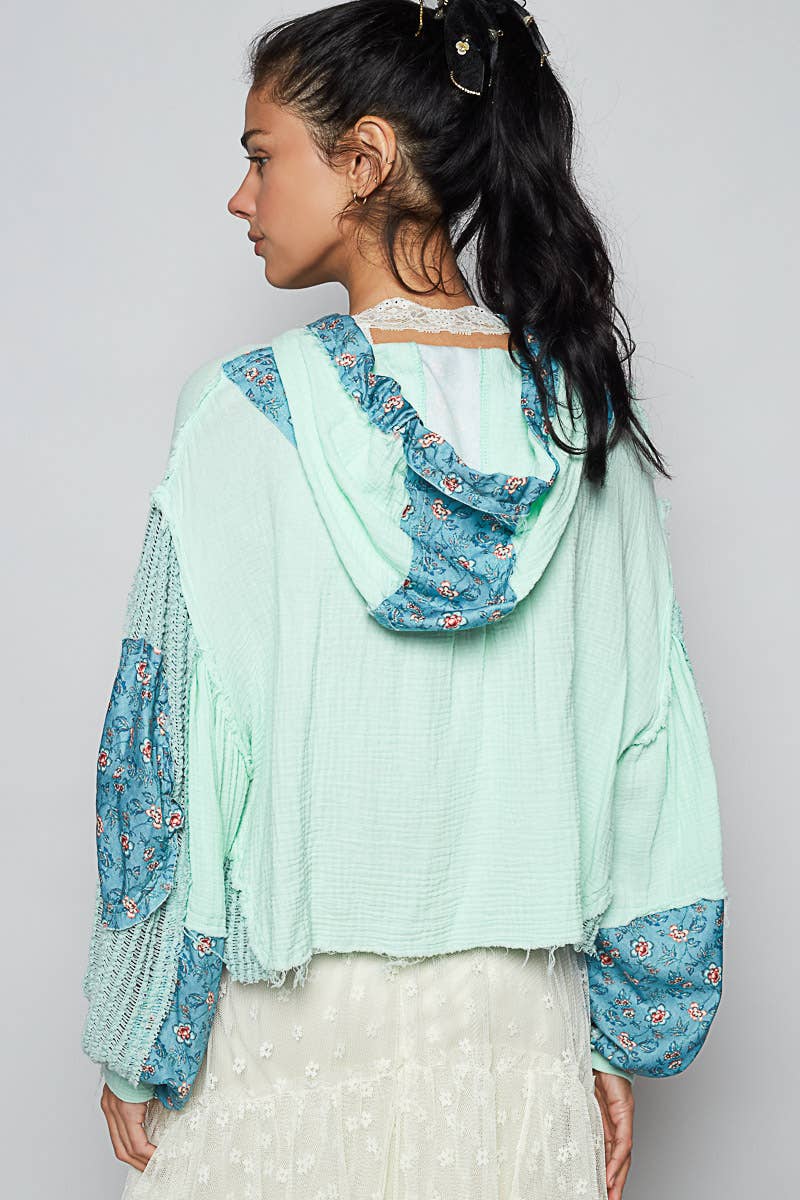Mint Floral Balloon Sleeve Cropped Jacket