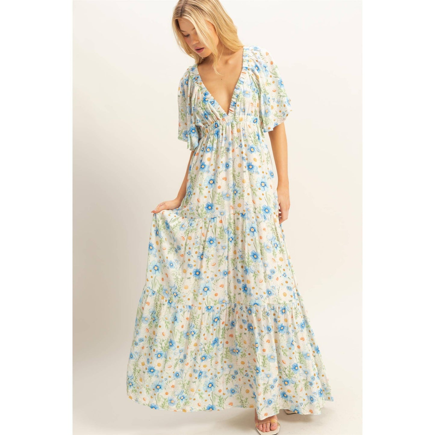 Floral V-Neck Flowy Tiered Maxi Dress