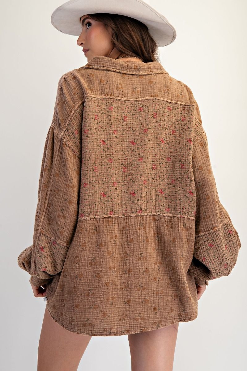 Mocha Floral Print Gauze Washed Shirt
