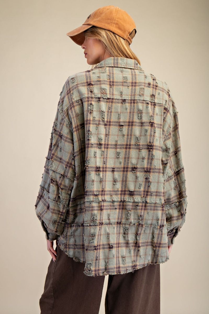 Oversized Dusty Sage Distressed Washed Flannel