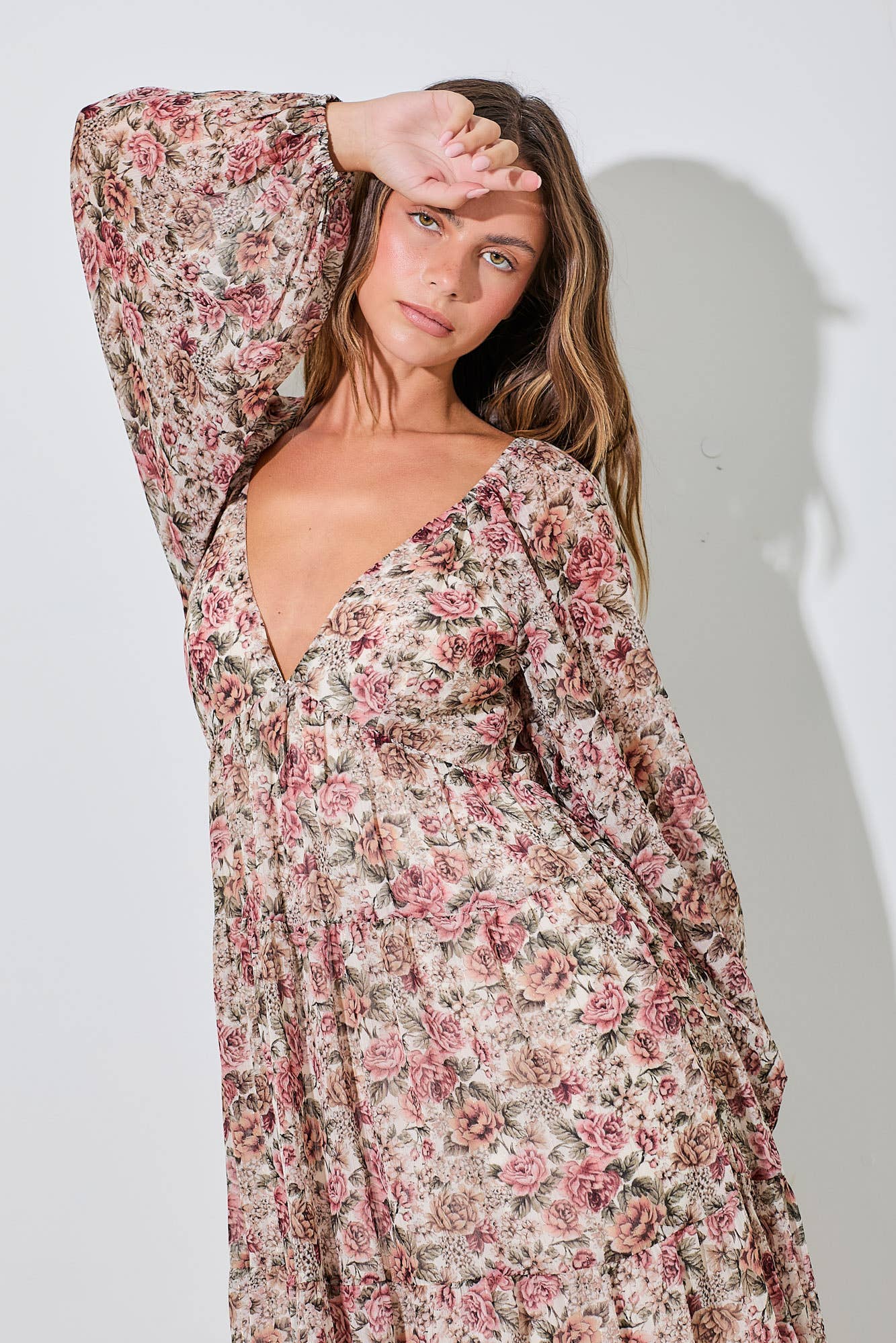 Cream Floral Lace Tiered Maxi