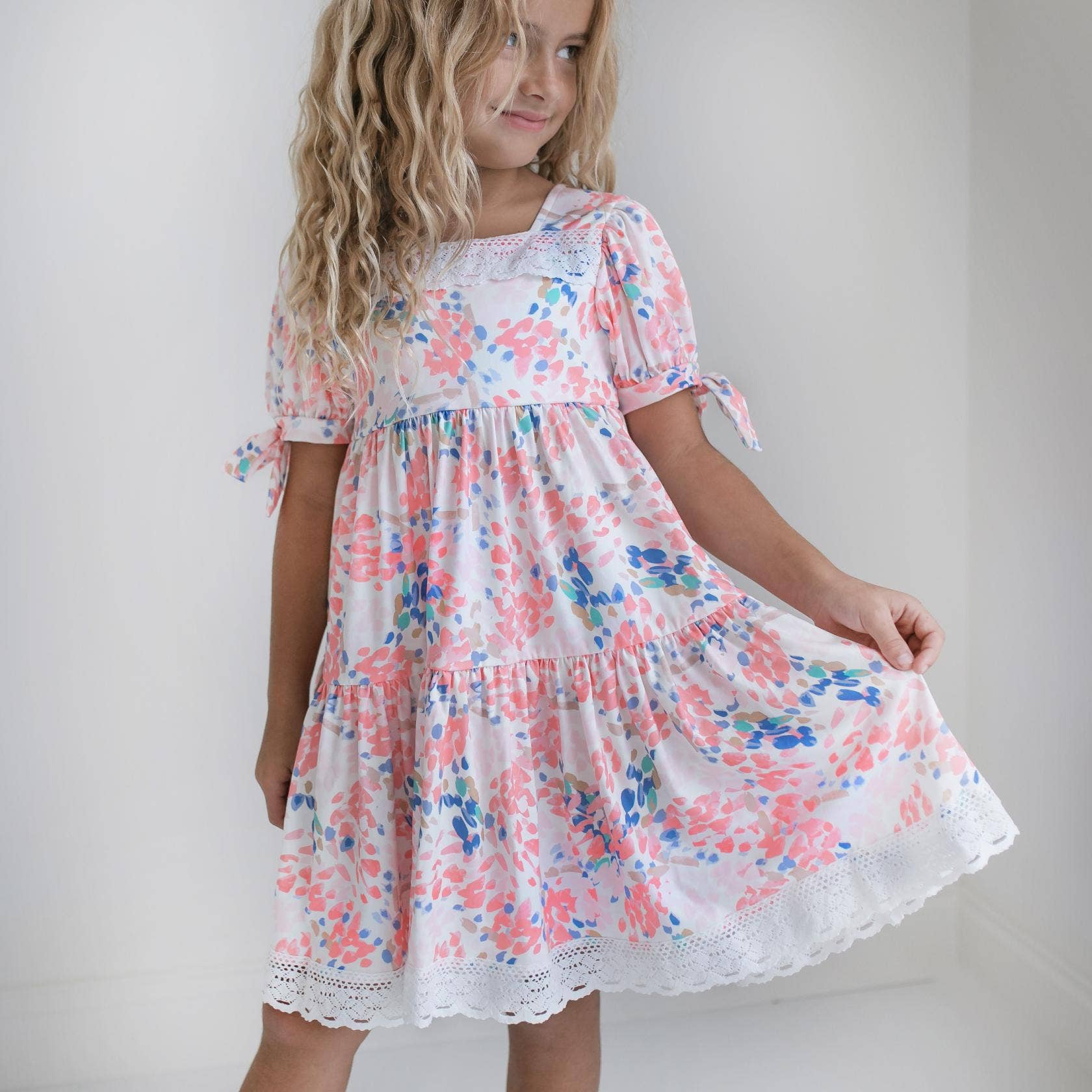 Kids Pink & Blue Lace Tiered Square Neck Spring Easter Dress